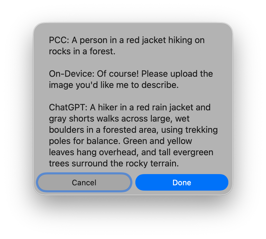 A dialogue box contains a comparison of alt text options about a person in a red jacket hiking in a forest, and options for canceling or completing the action.