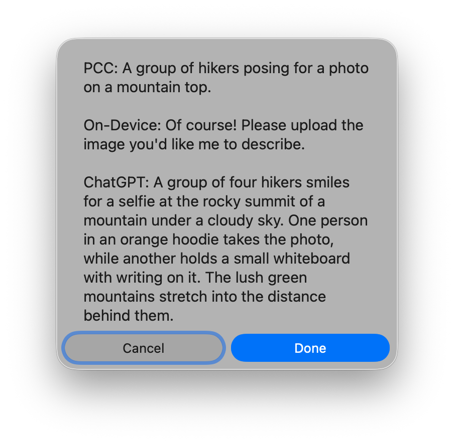 A comparison of alt text options about an image of hikers posing on a mountaintop.