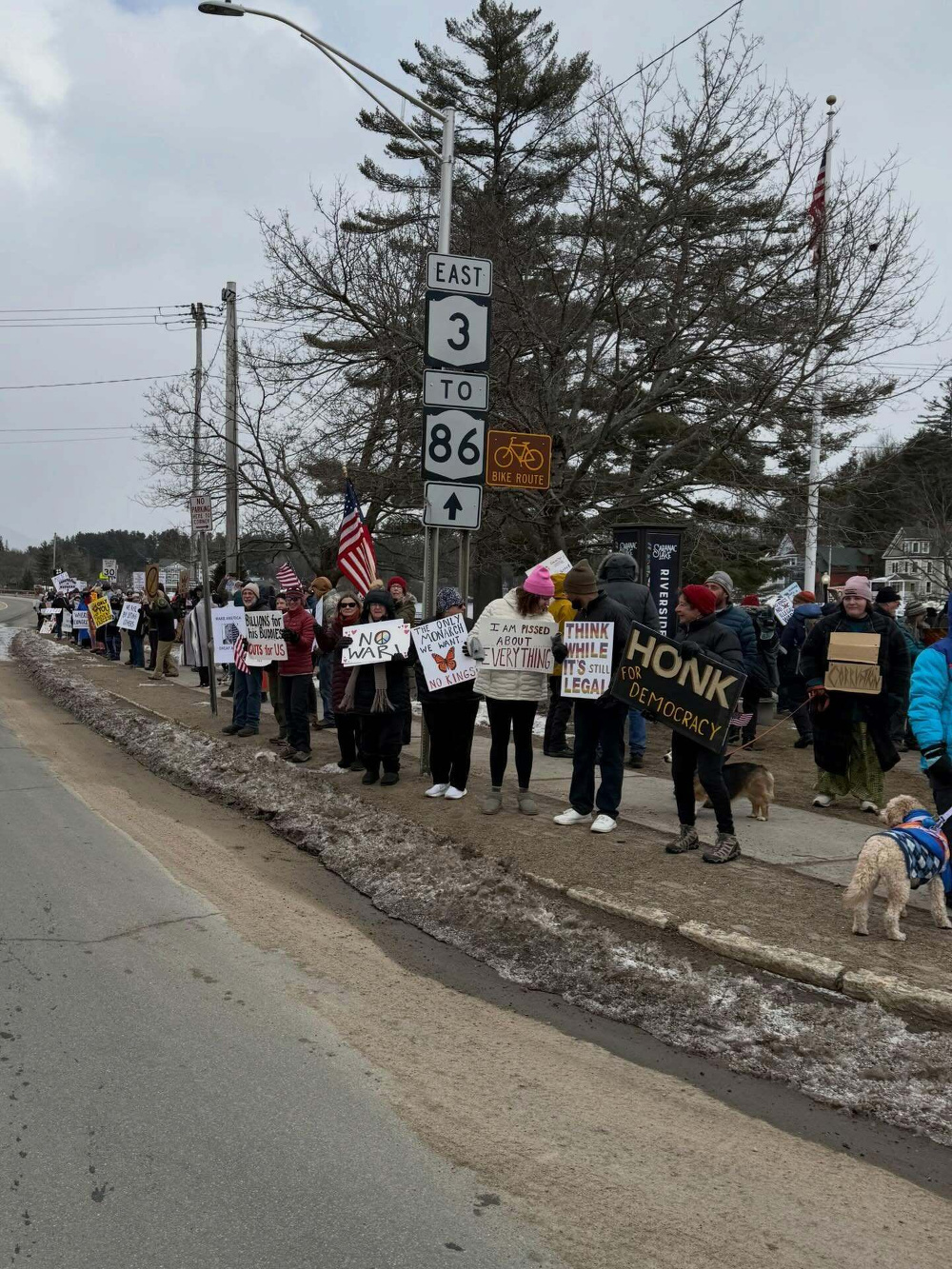 Protesters standing on a sidewalk holding various signs with messages such as NO WAR HONK FOR DEMOCRACY. They are near a road, trees, and signs for East 3 to 86 bike route.