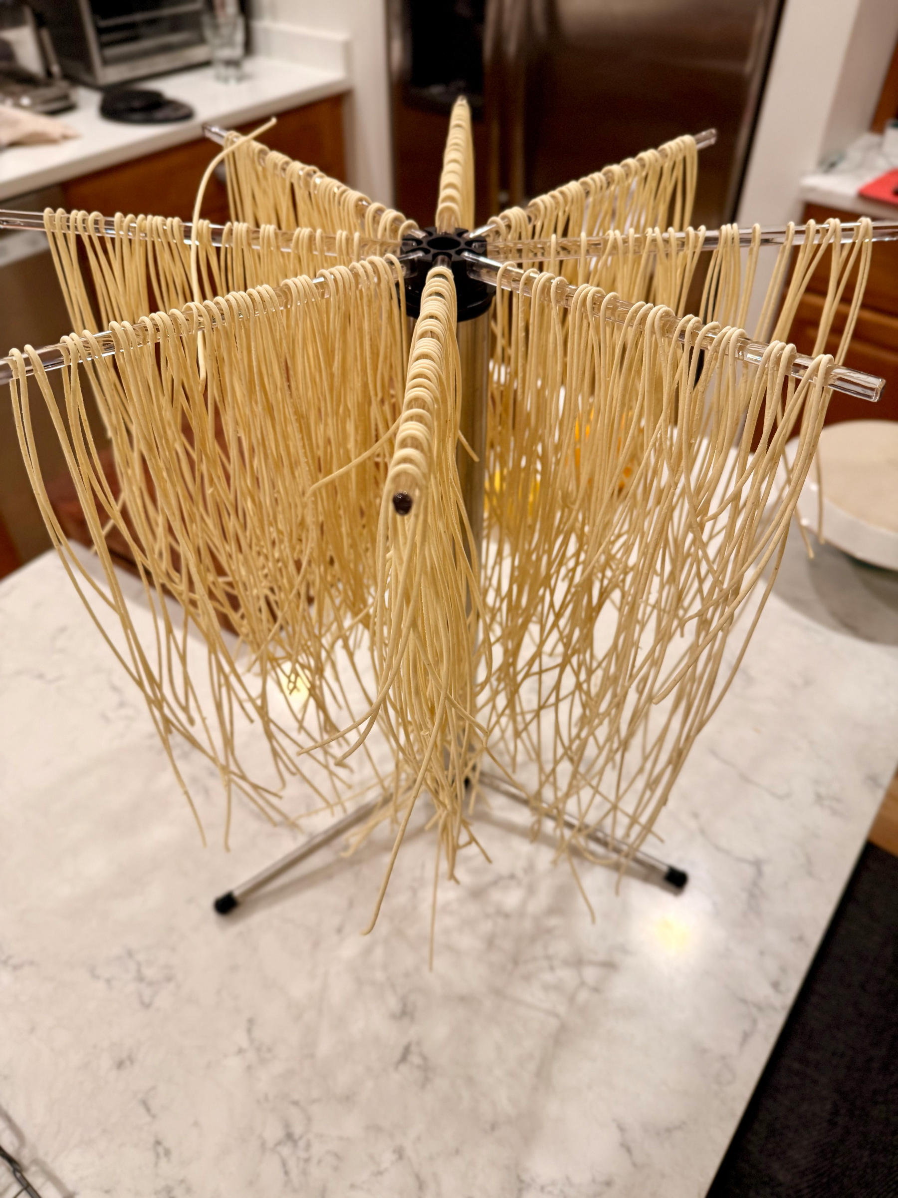 A pasta drying rack is adorned with strands of fresh pasta on a kitchen countertop.