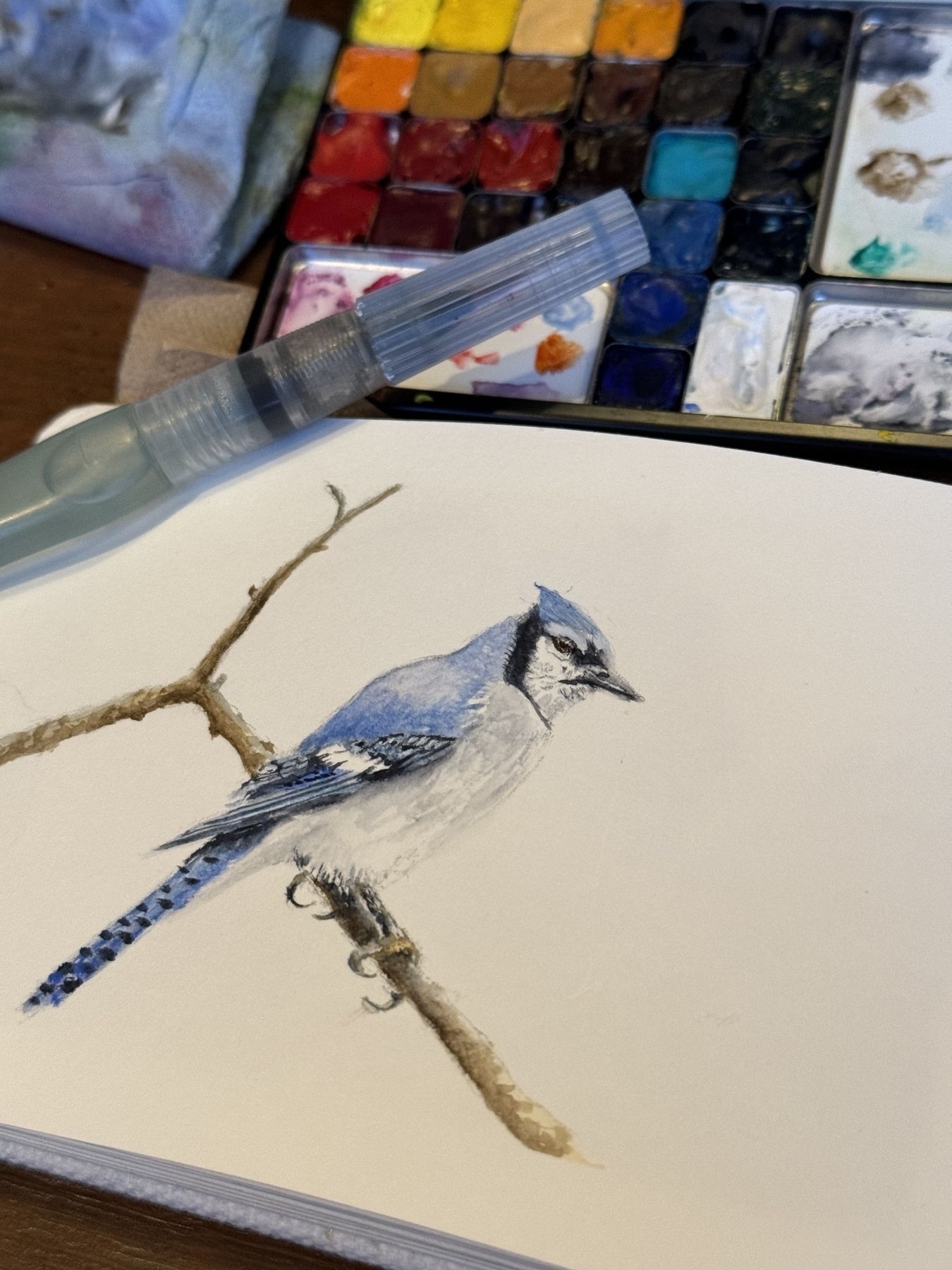 A blue jay watercolor painting in a sketchbook surrounded by a water brush and paint palette