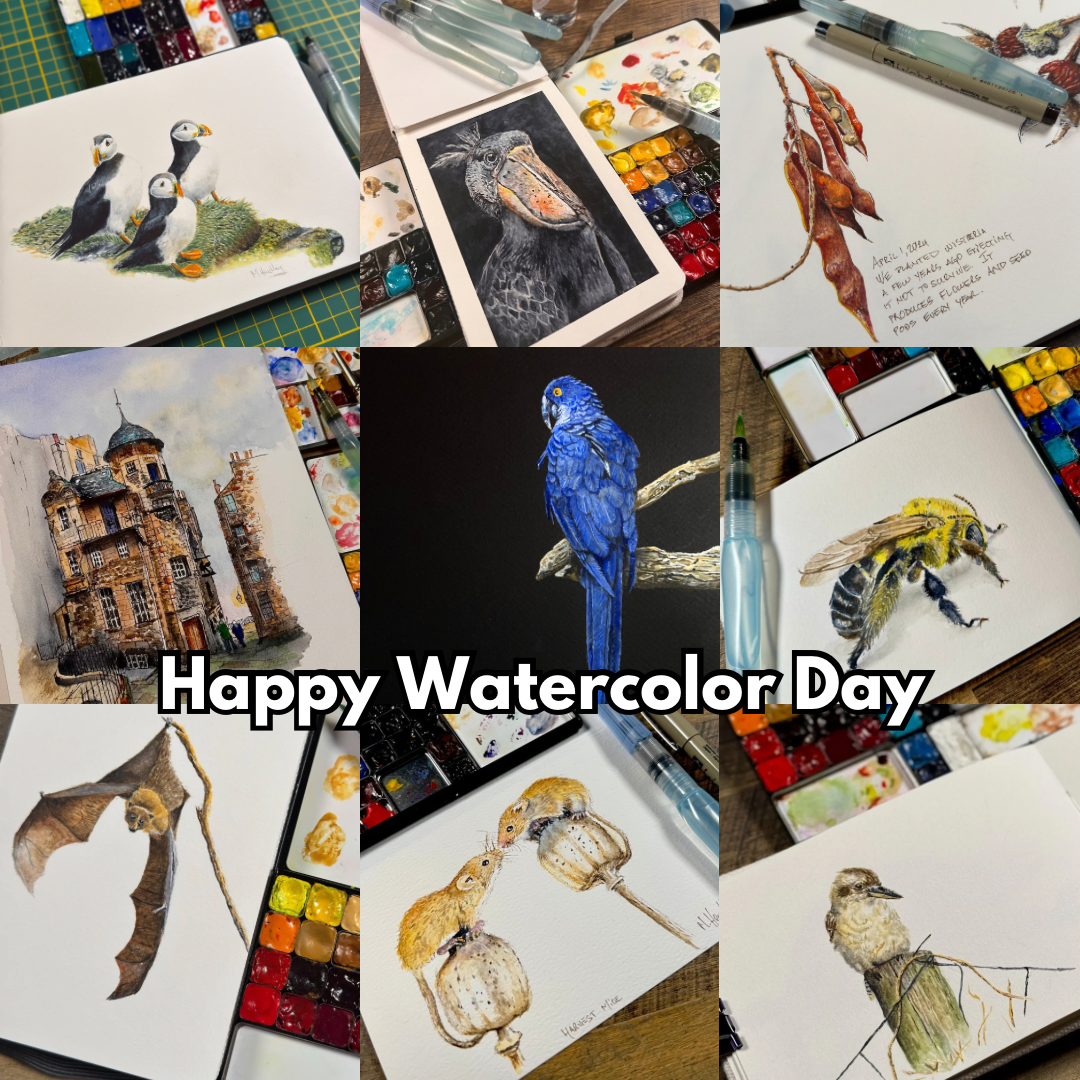 A collage of watercolor paintings showcasing diverse subjects: puffins on a grassy hill, a shoebill stork, a botanical study of autumn leaves, an old architectural building, a blue parrot, a honeybee, a hanging bat, two harvest mice perched on poppy heads, and a small bird on reeds. Text reads: "Happy Watercolor Day."