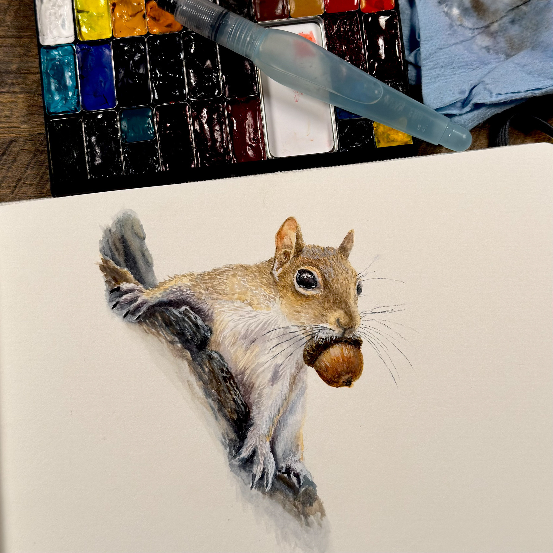 A watercolor painting of a squirrel holding an acorn in its mouth, perched on a branch. The artwork is on a sketchbook page with a vibrant watercolor palette and a Pentel water brush in the background.&10;