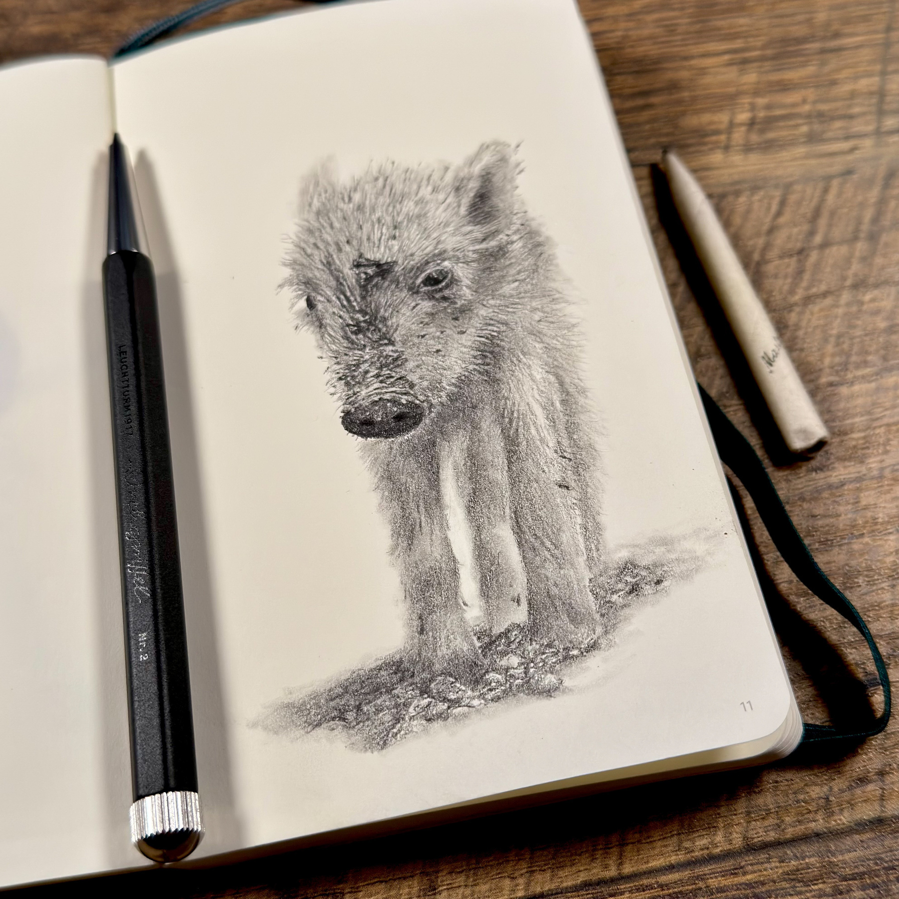 A realistic pencil sketch of a small wild piglet drawn in an A6 sketchbook. A Leuchtturm Drehgriffel Nr. 2 pencil and blending stump are shown alongside the artwork on a wooden table.