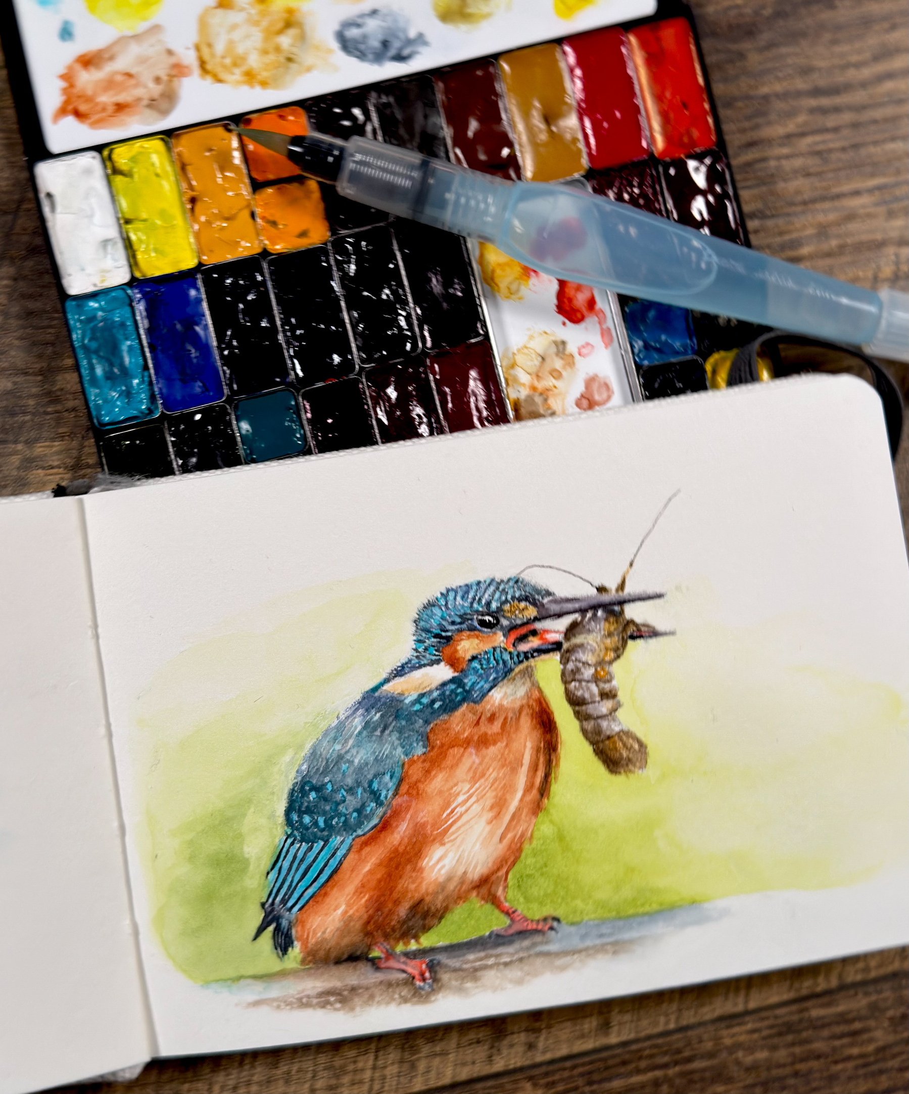 A watercolor painting of a vibrant kingfisher holding a crayfish in its beak. The artwork is displayed in an open sketchbook, with a palette of QoR watercolors from Golden and a medium-size Pentel Aquash brush nearby. The kingfisher has vivid blue and orange feathers, with a soft green background wash.