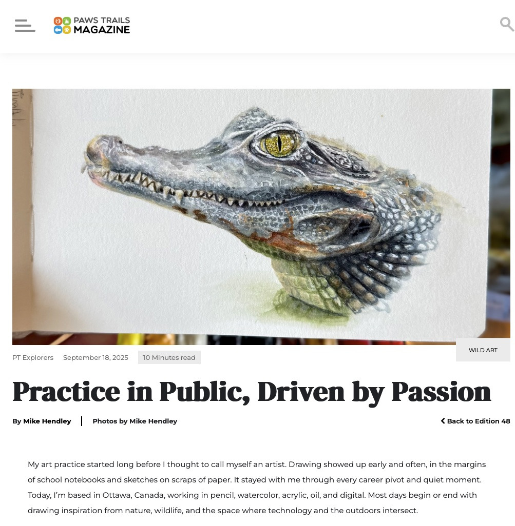 Watercolor painting of a caiman head in profile, showing textured scales and a bright yellow eye, on white paper.