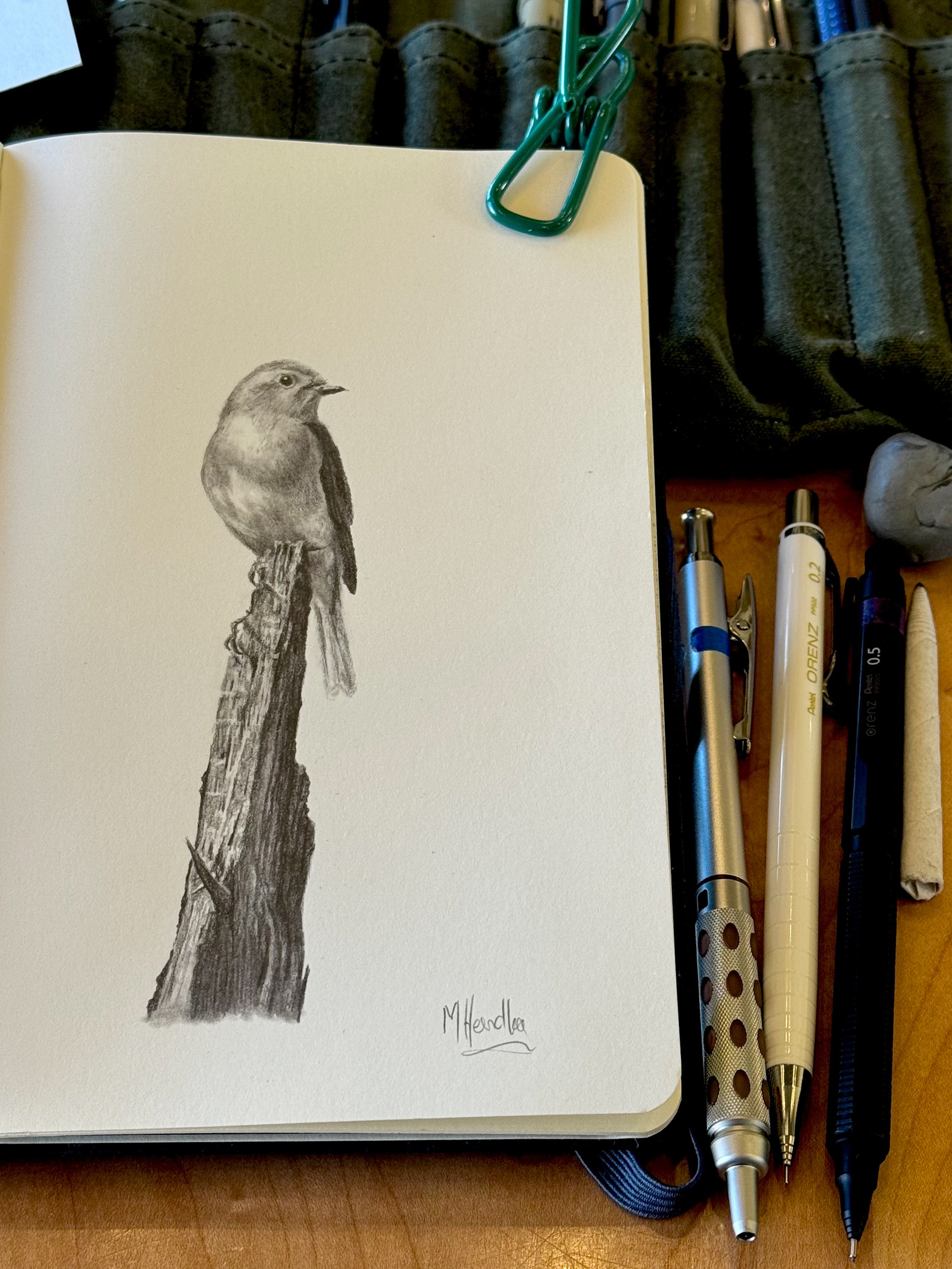 A realistic graphite drawing of a European robin perched on a weathered tree stump, created in a sketchbook. The fine details of the bird's feathers and the bark's texture stand out. Surrounding the sketchbook are mechanical pencils and an eraser, tools used for the artwork.