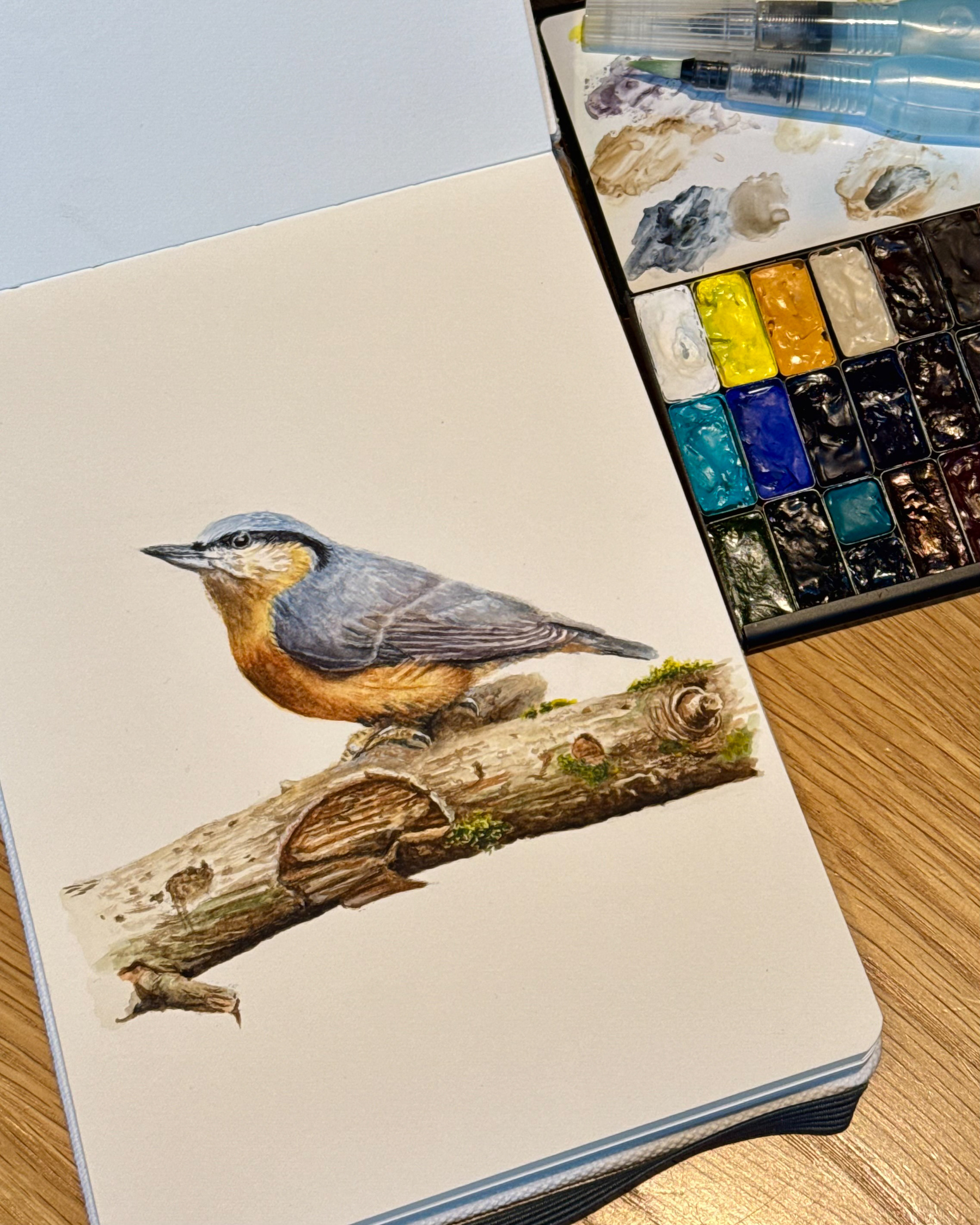 A detailed watercolor painting of a Eurasian nuthatch perched on a mossy log, created in an Etchr A5 hot press sketchbook, with a watercolor palette and brushes visible nearby.