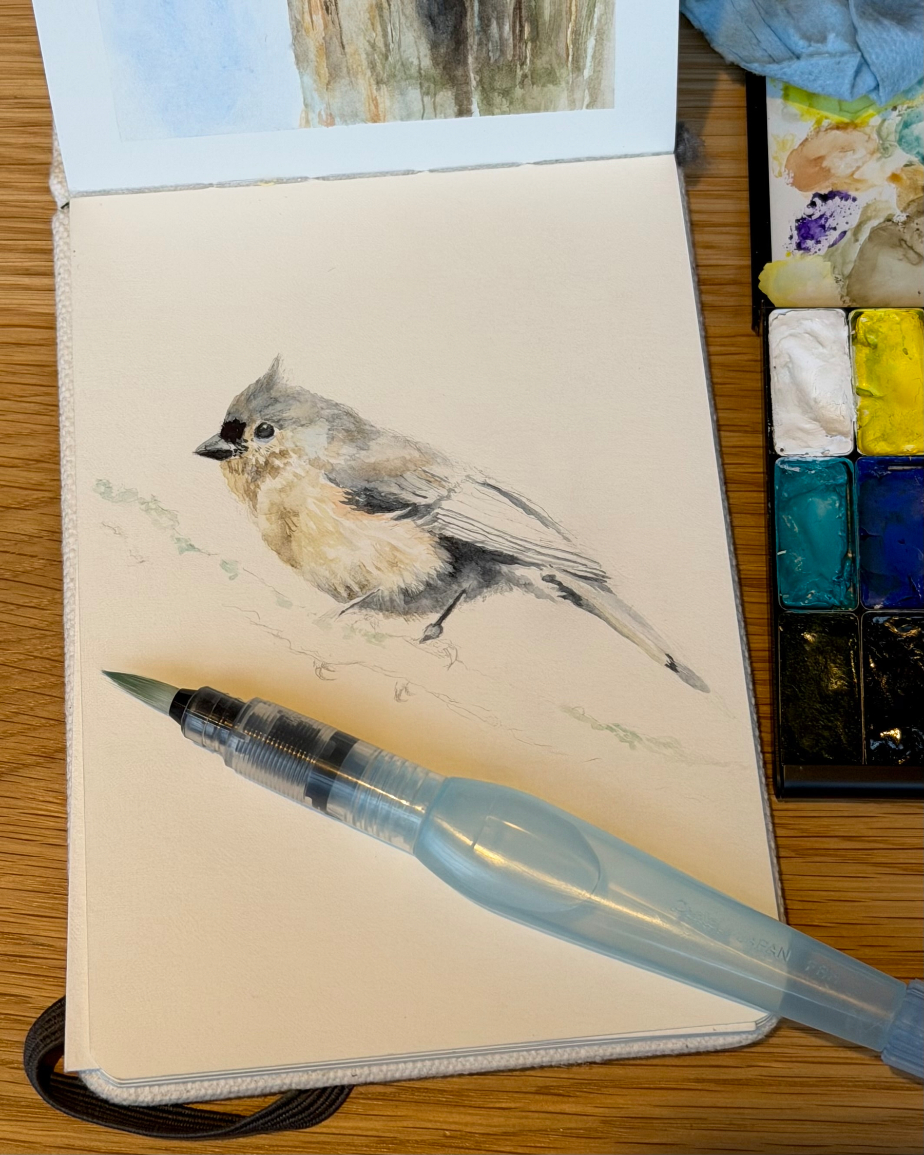 A watercolor sketch of a tufted titmouse in a sketchbook. The bird has a small crest, gray back, and warm beige breast. A blue waterbrush rests on the page, and a watercolor palette sits to the right.