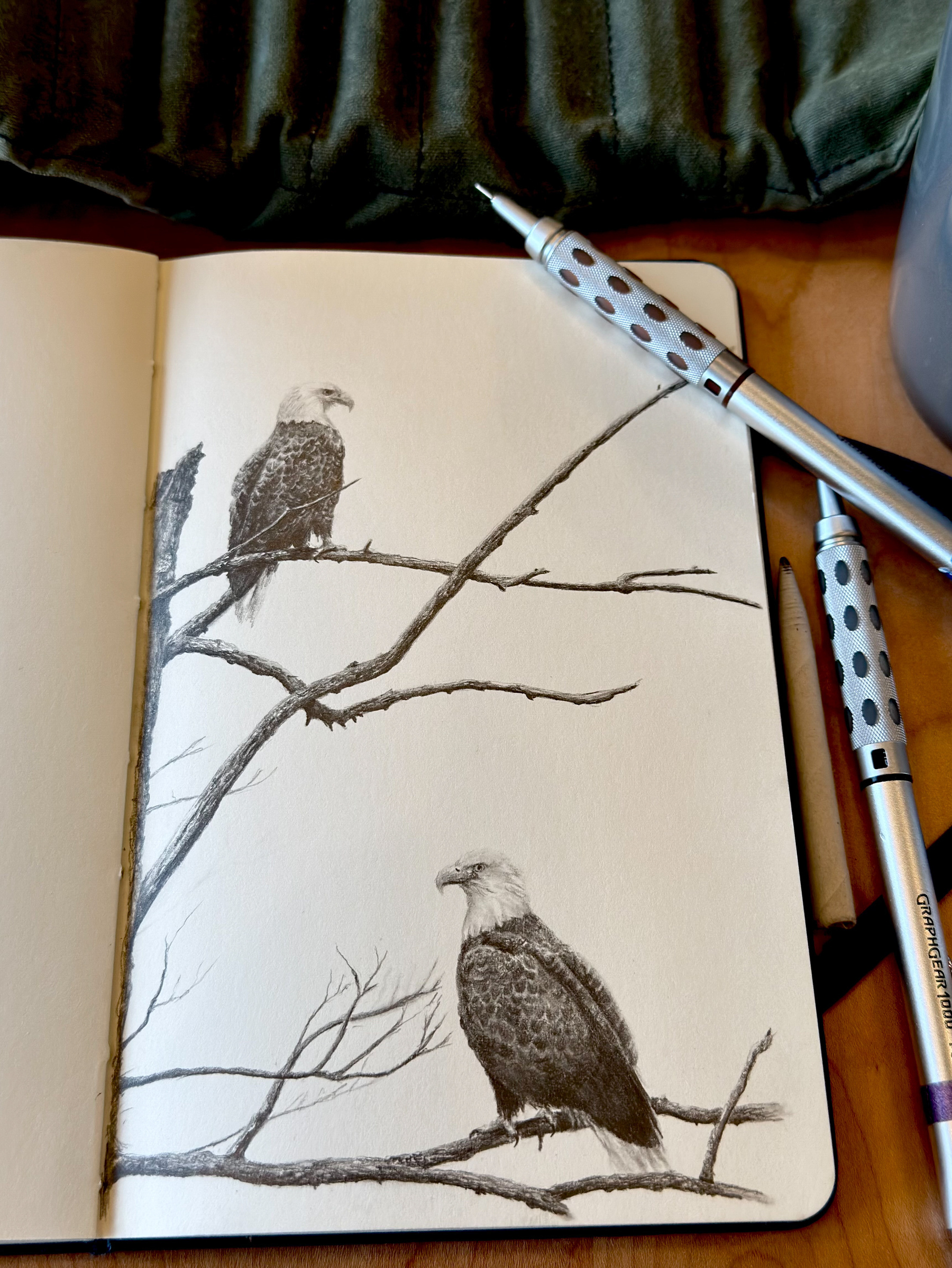 A realistic pencil sketch of two bald eagles perched on tree branches, drawn in a sketchbook. Two mechanical pencils, a Pentel Graphgear 1000, are placed nearby on a wooden surface.