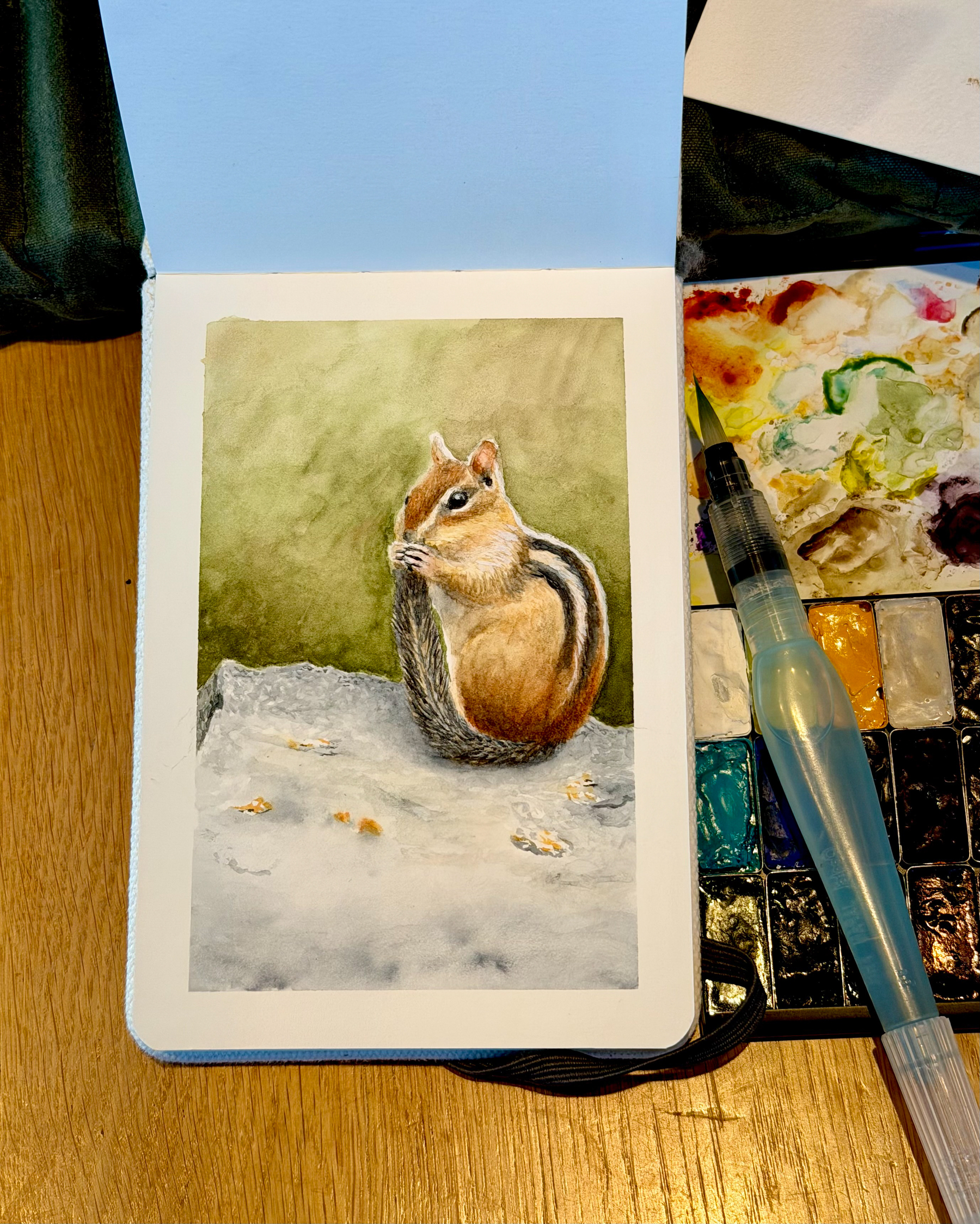 A watercolor painting of a chipmunk sitting upright on a rock, holding its tail in both paws with a soft green background. A few crumbs are scattered on the ground in front.
