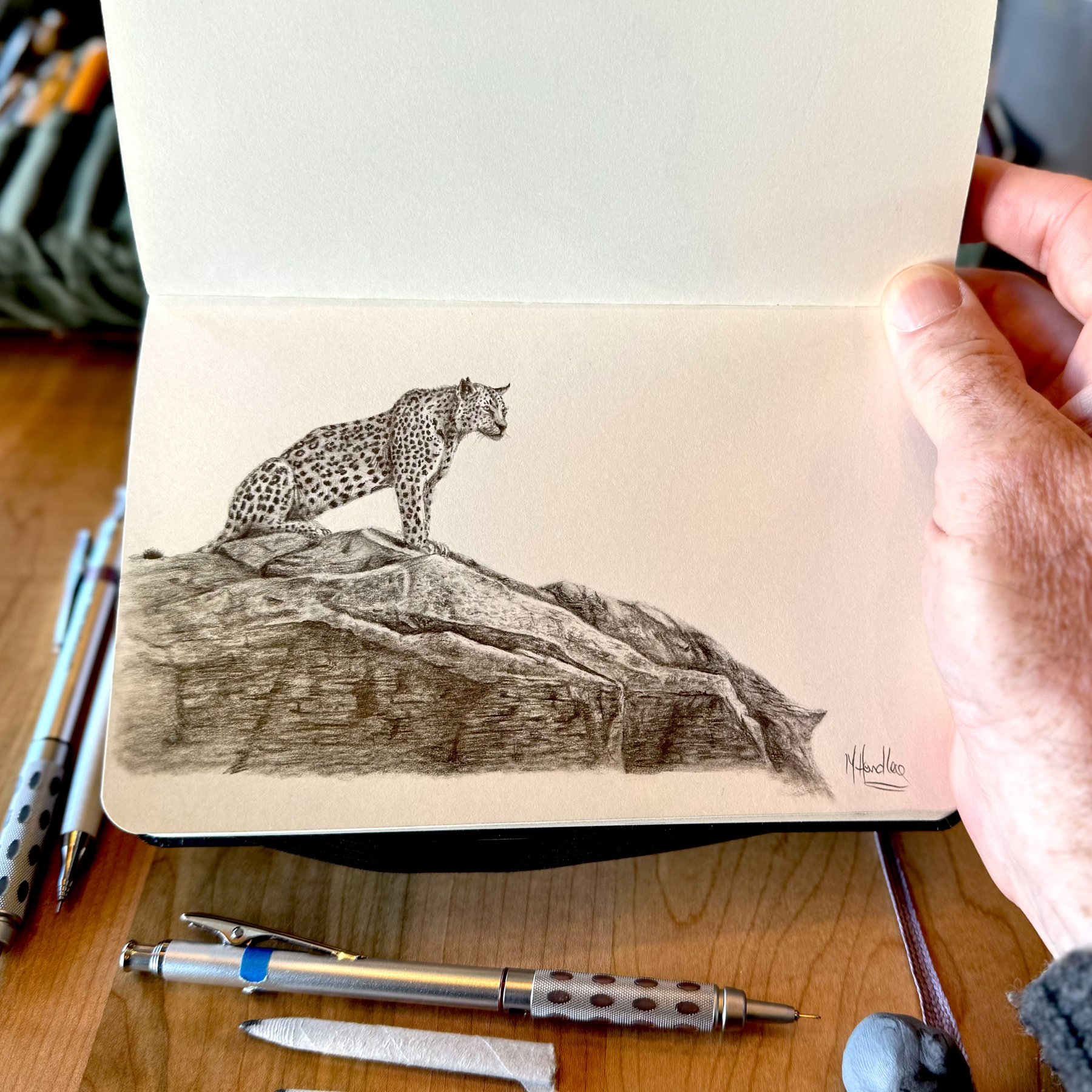 Realistic graphite sketch of a leopard standing alert on a rocky ledge, drawn in a sketchbook with fine shading and spotted details.