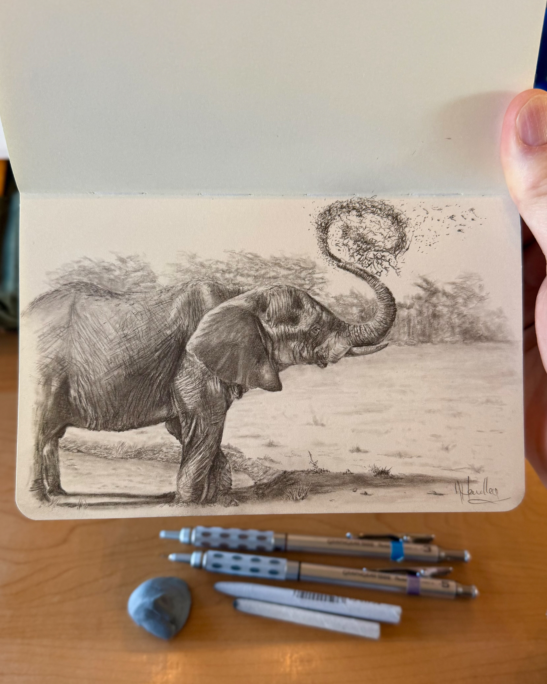 Realistic pencil drawing of an elephant flinging mud from its trunk, with detailed shading and textures on its skin and environment.