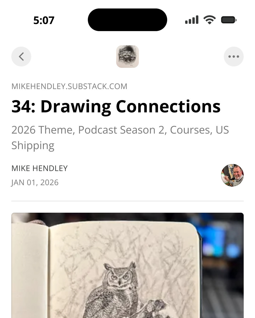Drawing newsletter screenshot on an iPhone: Substack post titled “34: Drawing Connections” by Mike Hendley (Jan 1, 2026), subtitle “2026 Theme, Podcast Season 2, Courses, US Shipping,” with a cover photo of an open sketchbook showing a graphite owl drawing.