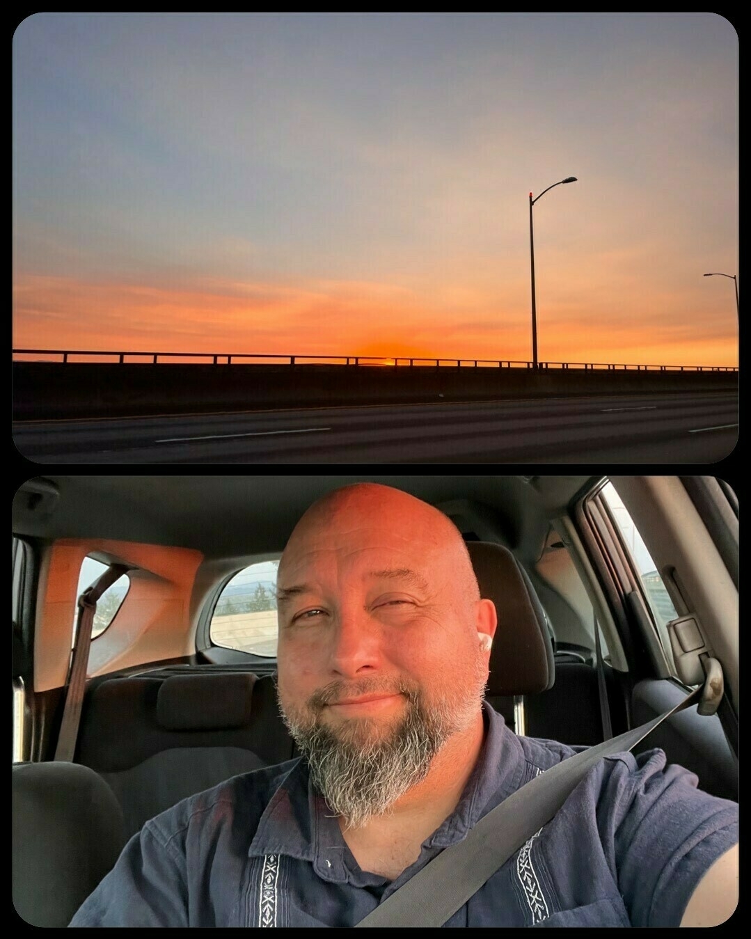 two photos composited into one. Top frame has a rosy glow of sunset in almost cloudless sky. Bottom frame is selfie in my car as I drove home.