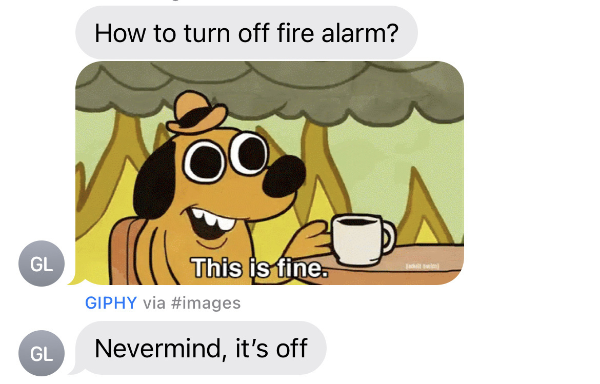 “How do I turn off the fire alarm” followed by “this is fine” burning gif. 