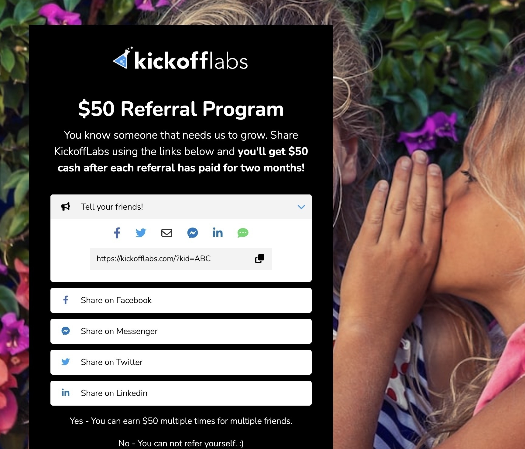KickoffLabs referral program public page for customers. 