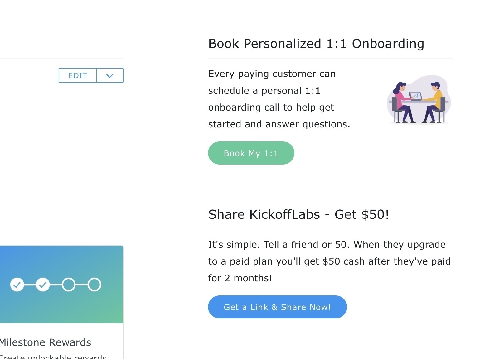 KickoffLabs referral program link in the dashboard. 