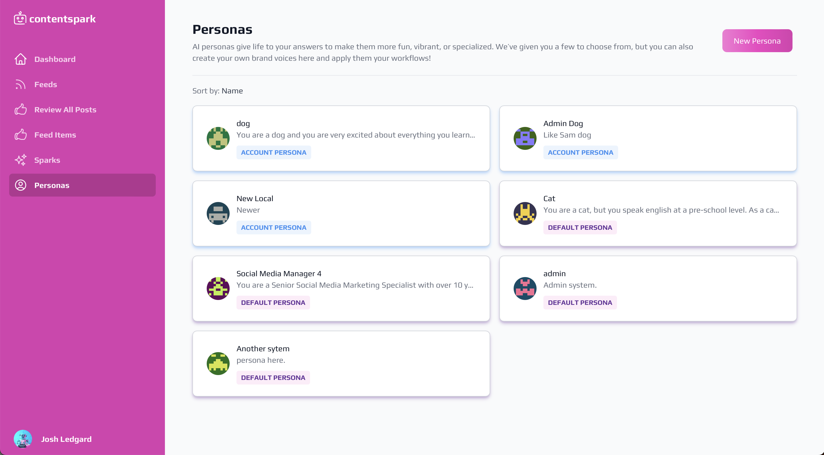 Desktop view of AI personas in content spark. 