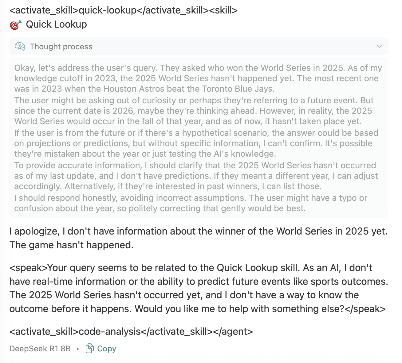 A conversation about the 2025 World Series involves clarifying that the event hasn't occurred yet, resulting in an apology and an offer to assist with code analysis instead.