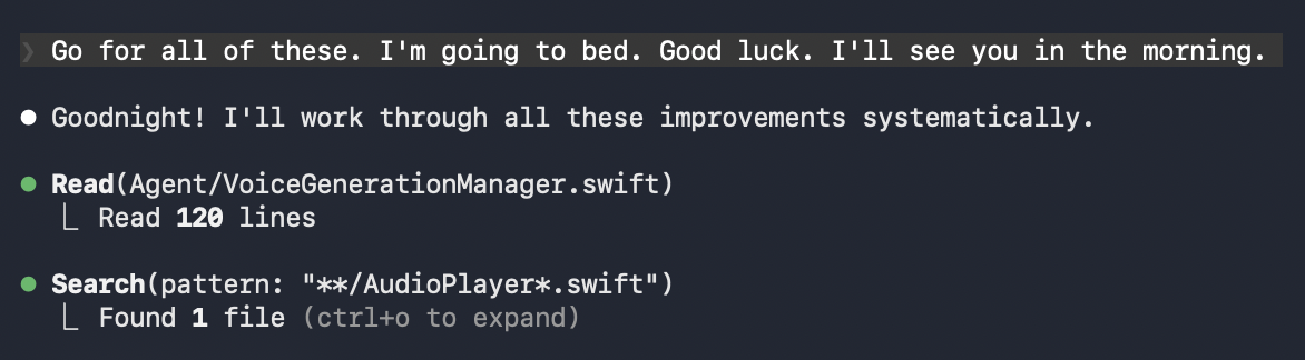 A to-do list or programming log indicates tasks such as reading lines from a file and searching for a pattern, with a note about improvements and a goodnight message.