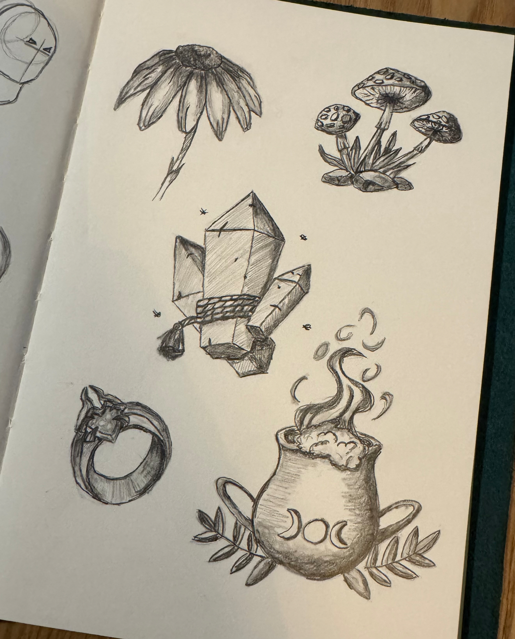 A sketchbook page features drawings of a flower, mushrooms, crystals, a ring, and a cauldron with steam and a triple moon symbol.
