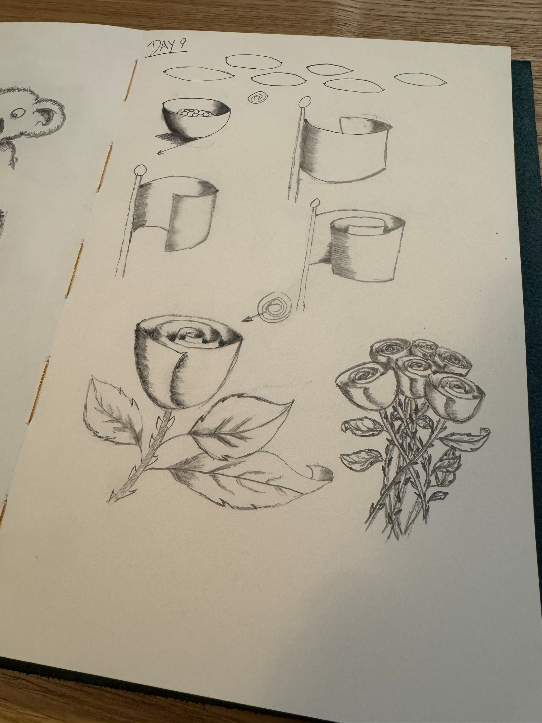 A sketchbook page displays a progression of drawing lessons focused on roses and flags, featuring both step-by-step illustrations and a detailed rose bouquet sketch.