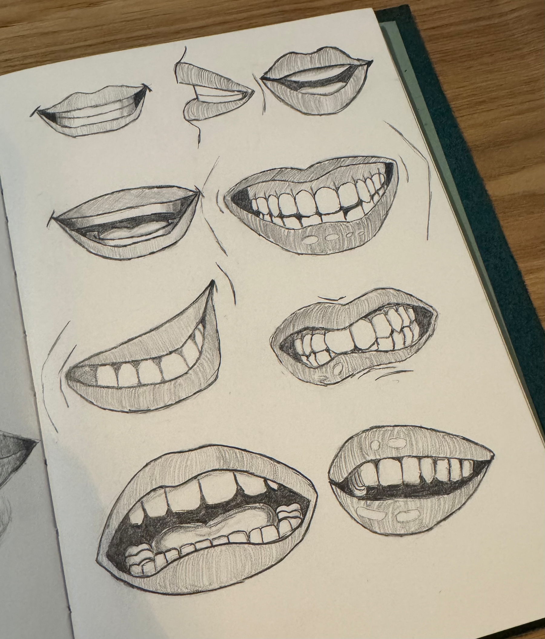 A sketchbook page displays several pencil sketches of mouths and teeth in various expressions.