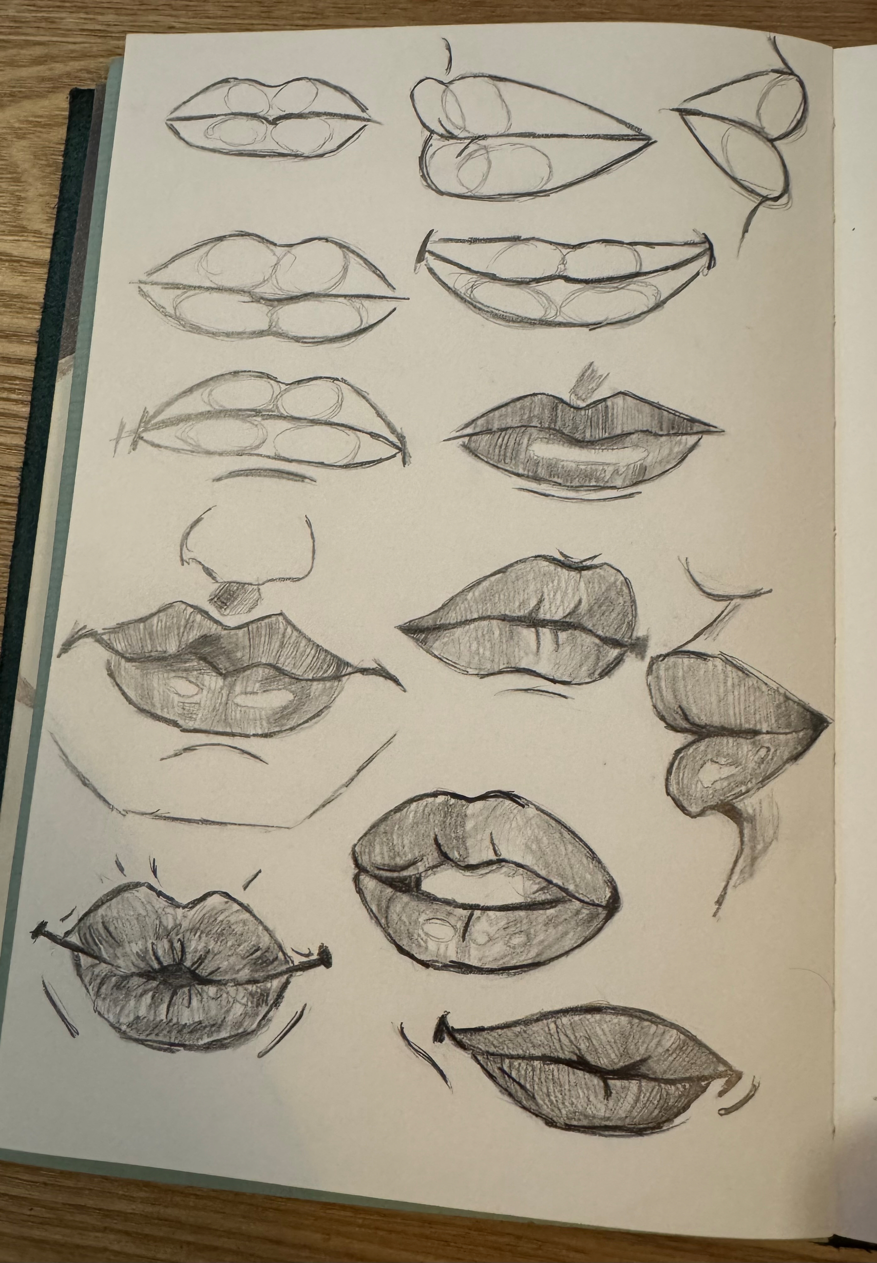 A sketchbook page displays various pencil drawings of lips in different styles and shapes.