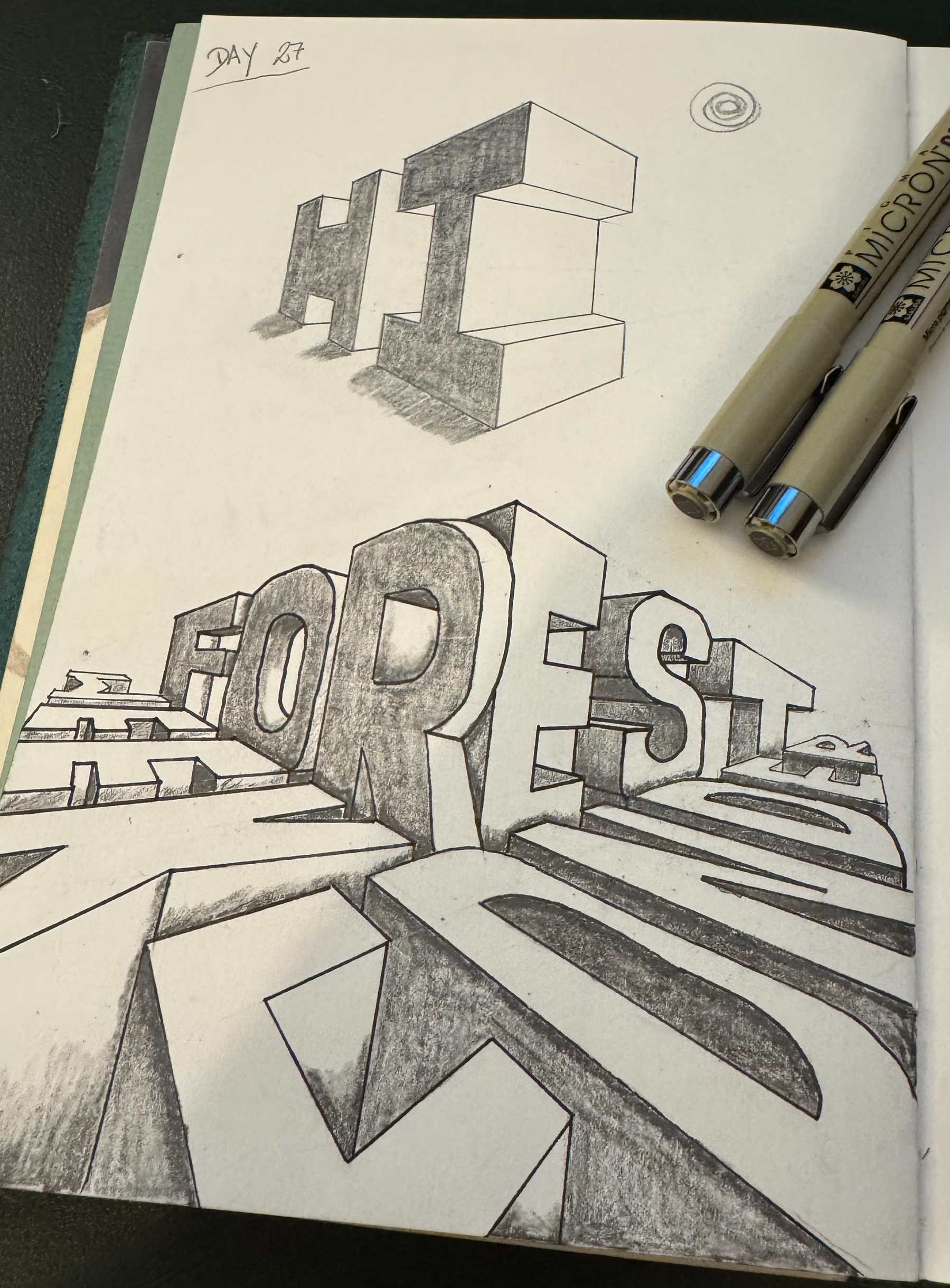 A sketchbook page features 3D text illustrations, including the words HI and FOREST, accompanied by two drawing pens.