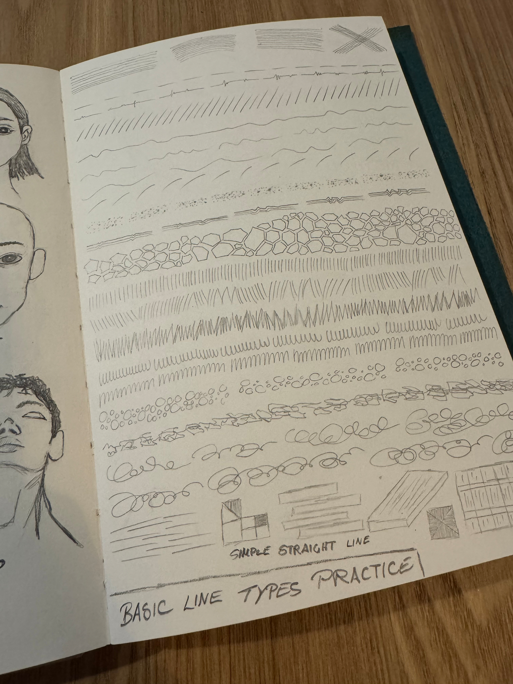 A sketchbook page features various line drawing exercises and facial sketches labeled Basic Line Types Practice.