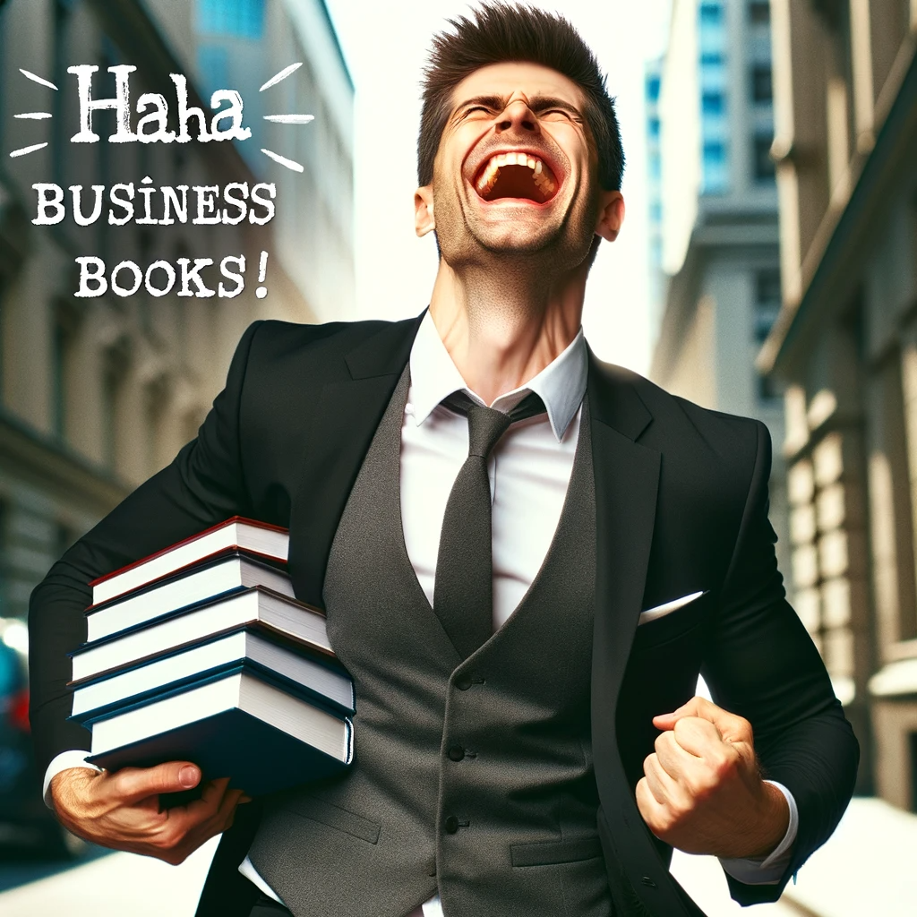 A man in a business suit ecstatically laughing with his head thrown back and fists clenched in a triumphant gesture, holding a stack of books in one arm against his side. The man is Caucasian with short, tidy hair, wearing a black suit, white shirt, and a grey tie. He is outside, possibly on a city street with buildings in the soft-focus background. The image has a candid, spontaneous feel, as if capturing a moment of pure joy. The text at the top reads HAHA BUSINESS BOOKS! in large, white, capitalized font with a drop shadow to make it stand out against the background.