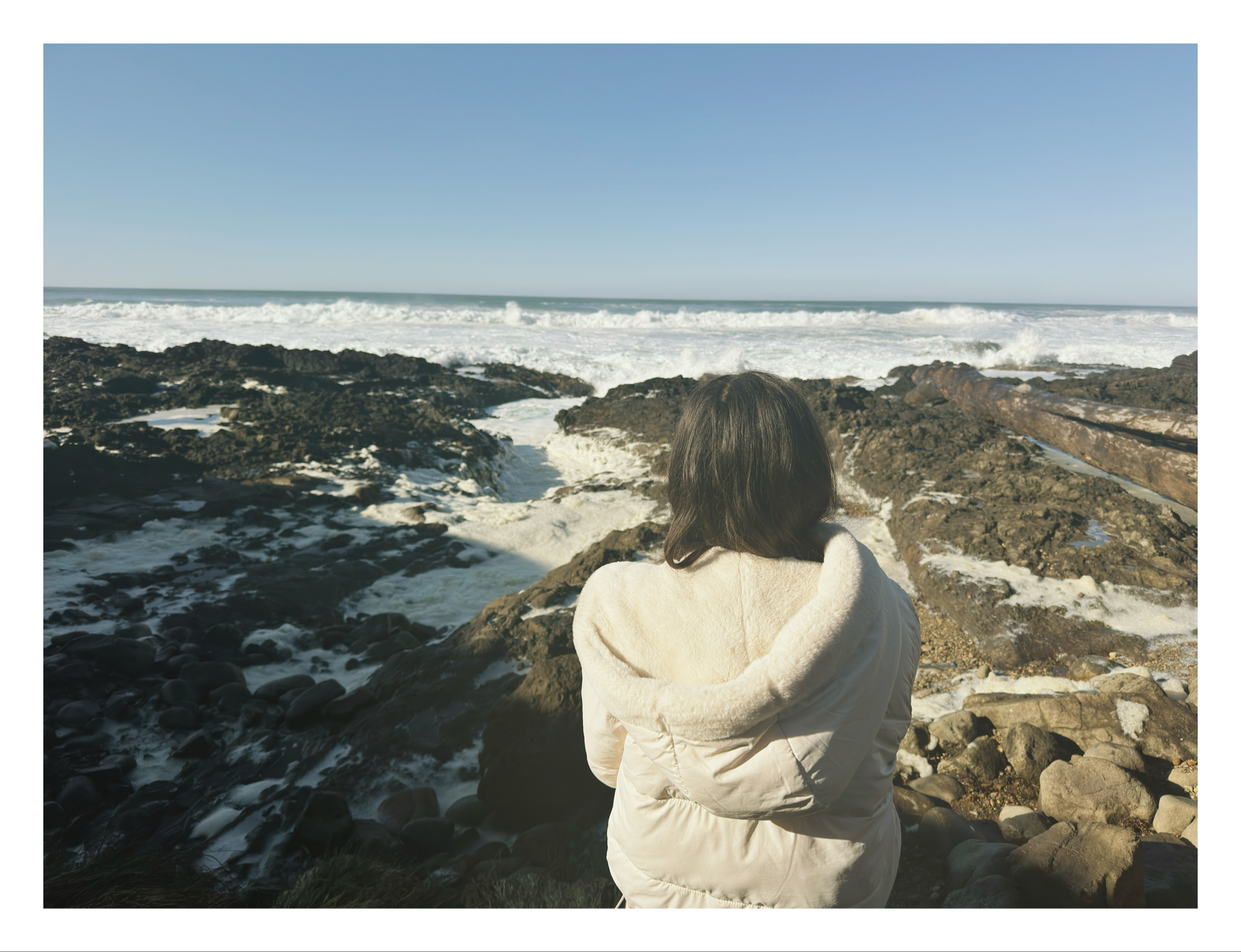 A person seen from behind, looking out over a rocky coastline with waves crashing in the background.