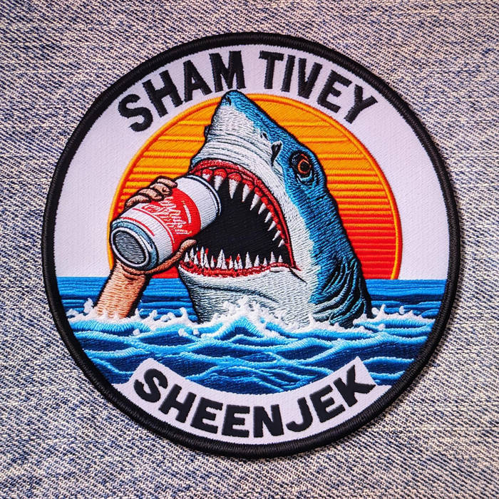 The album cover for Sheenjek’s SHAM TIVEY EP that features a sewn patch with a shark popping its head out of the ocean so it can look like a badass while chugging a beer with its human arm. 