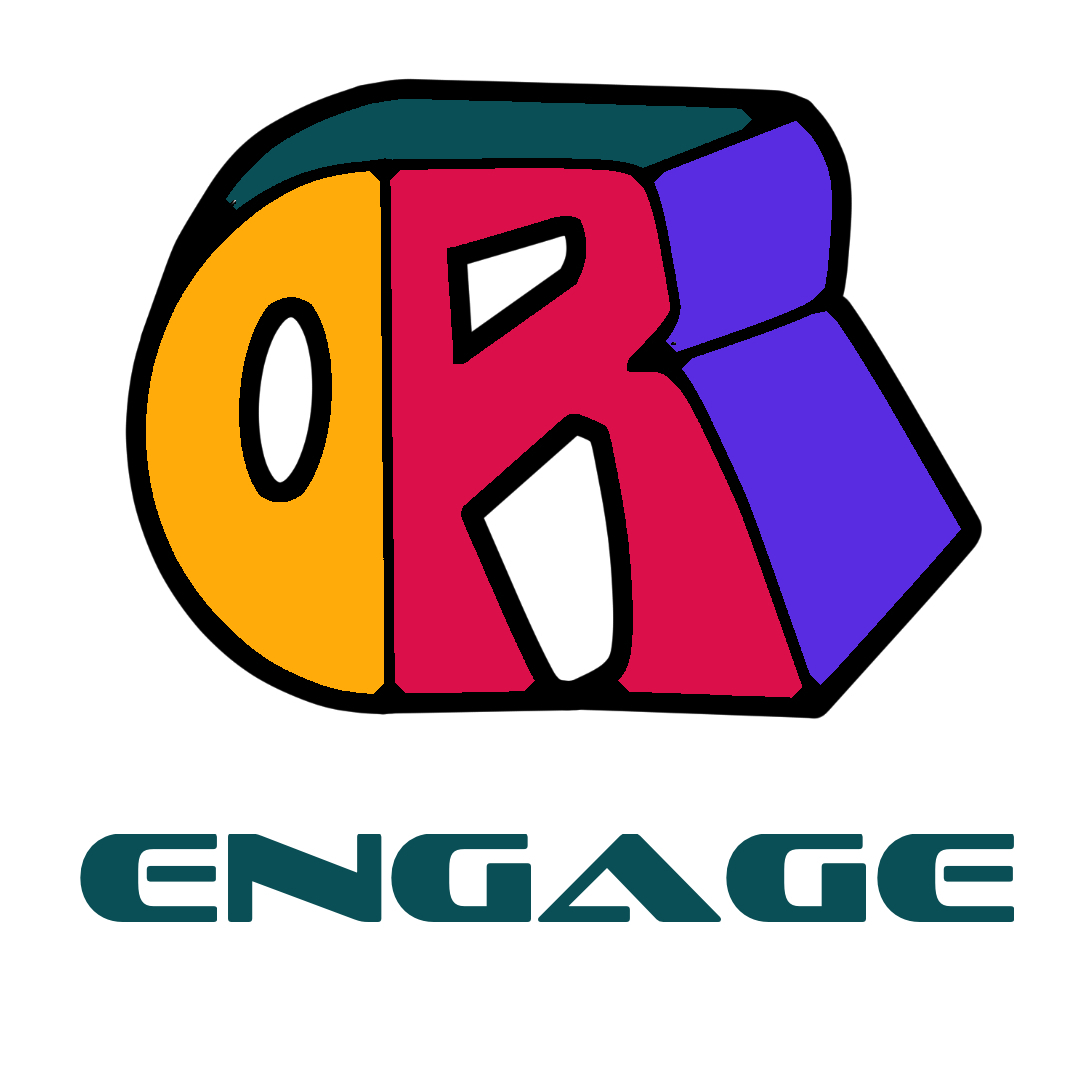 Our colorful ORI logo, with the letters arranged like puffy rocks. Colors inspired by DEFCON 32, the hacker conference in Las Vegas. The tagline says "Engage". 