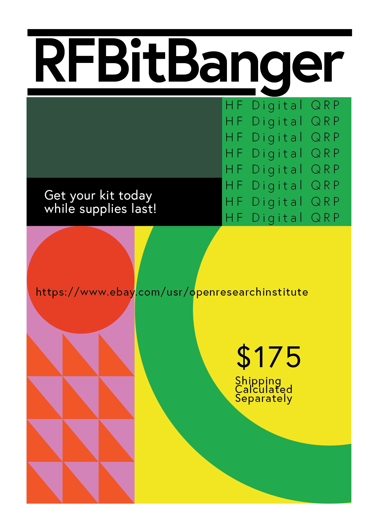 RFBitBanger poster, in 1970s style with green, yellow, pink, and red geometric shapes.