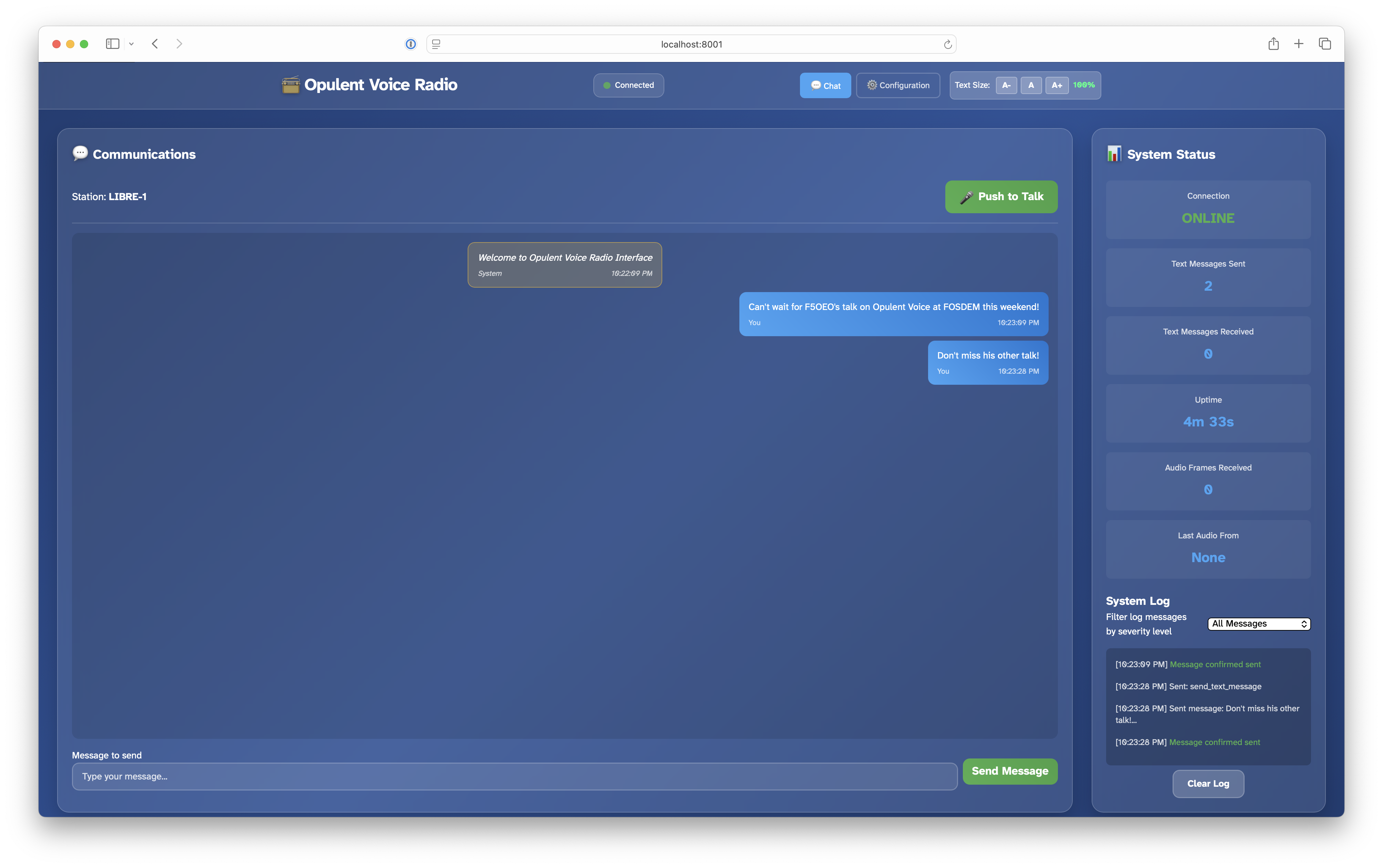 Screenshot of Interlocutor, showing the text entry field, the message display, and the system log and status screens on the right. 
