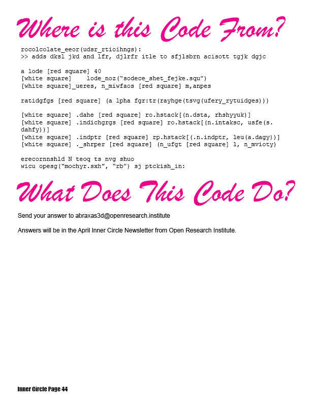 Where does this code come from? What does it do?&10;&10;rocolcolate_eeor(udsr_rtioihngs):&10;>> adds dksl jkd and lfr, djlrfr itle to sfjlsbrn acisott tgjk dgjc&10;&10;a lode [red square] 40&10;[white square]    lode_noz("sodece_shet_fejke.squ")&10;[white square]_ueres, n_miwfaos [red square] m,anpes&10;&10;ratidgfgs [red square] (a lpha fgr:tr(rayhge(tsvg(ufery_rytuidges)))&10;&10;[white square] .dahe [red square] ro.hstack[(n.dsta, rhshyyuk)]&10;[white square] .indichgrgs [red square] ro.hstack[(n.intaksc, usfe(s.dahfy))]&10;[white square] .indptr [red square] rp.hstack[(.n.indptr, leu(a.dagy))]&10;[white square] ._shrper [red square] (n_ufgt [red square] l, n_mvioty)&10;&10;erecornnshld N teoq ts nvg shuo&10;wicu opesg("mochyr.sxh", "rb") sj ptckish_in:&10;&10;The color of the font in the image is R = 224, G = 33, and B = 138. This is a clue. 
