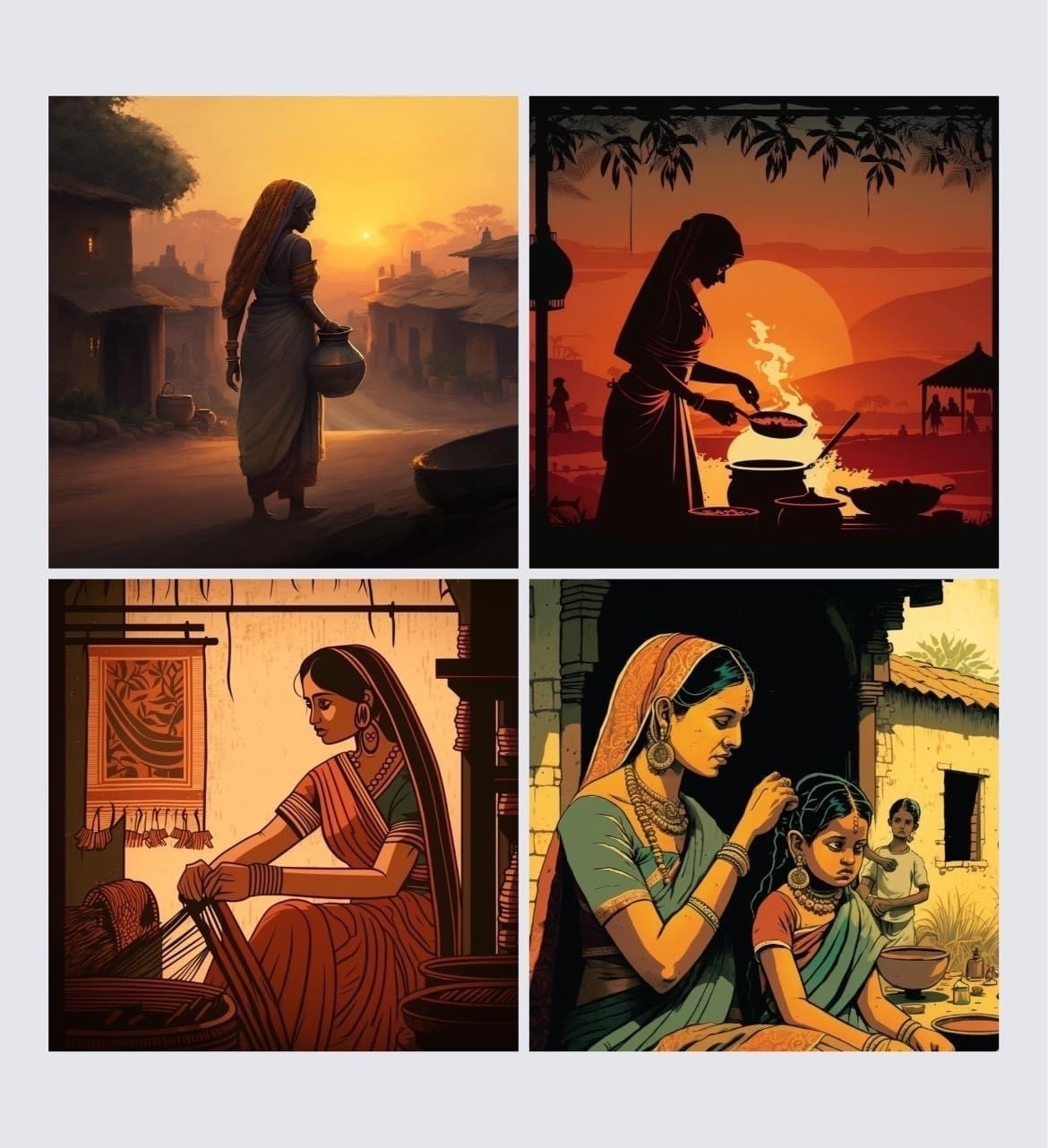 AI generated art depicting the daily lives of rural women