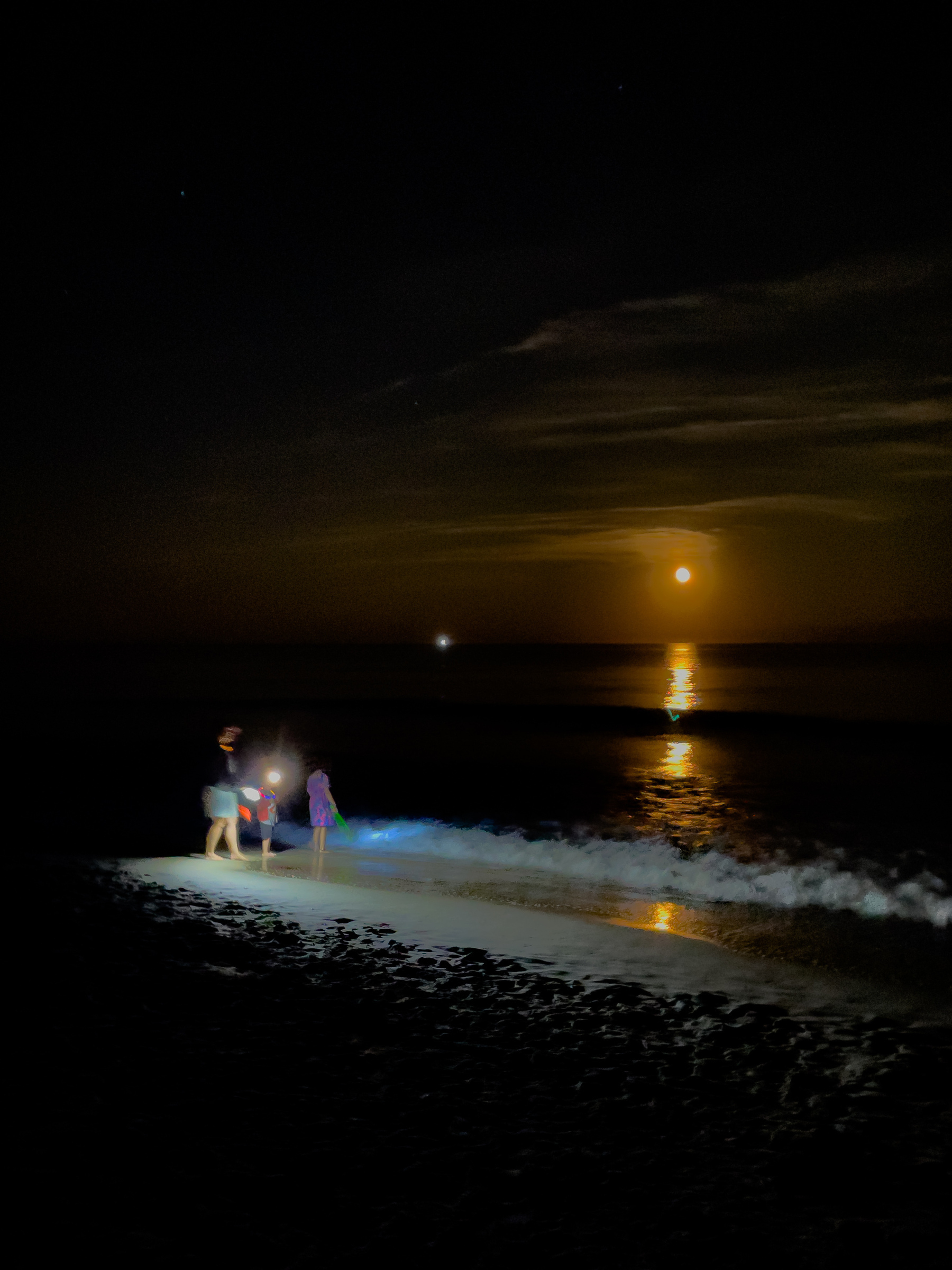 3 people looking for ghost crabs on a darkened beach, lit by a rising super moon, bringing in the high tide.