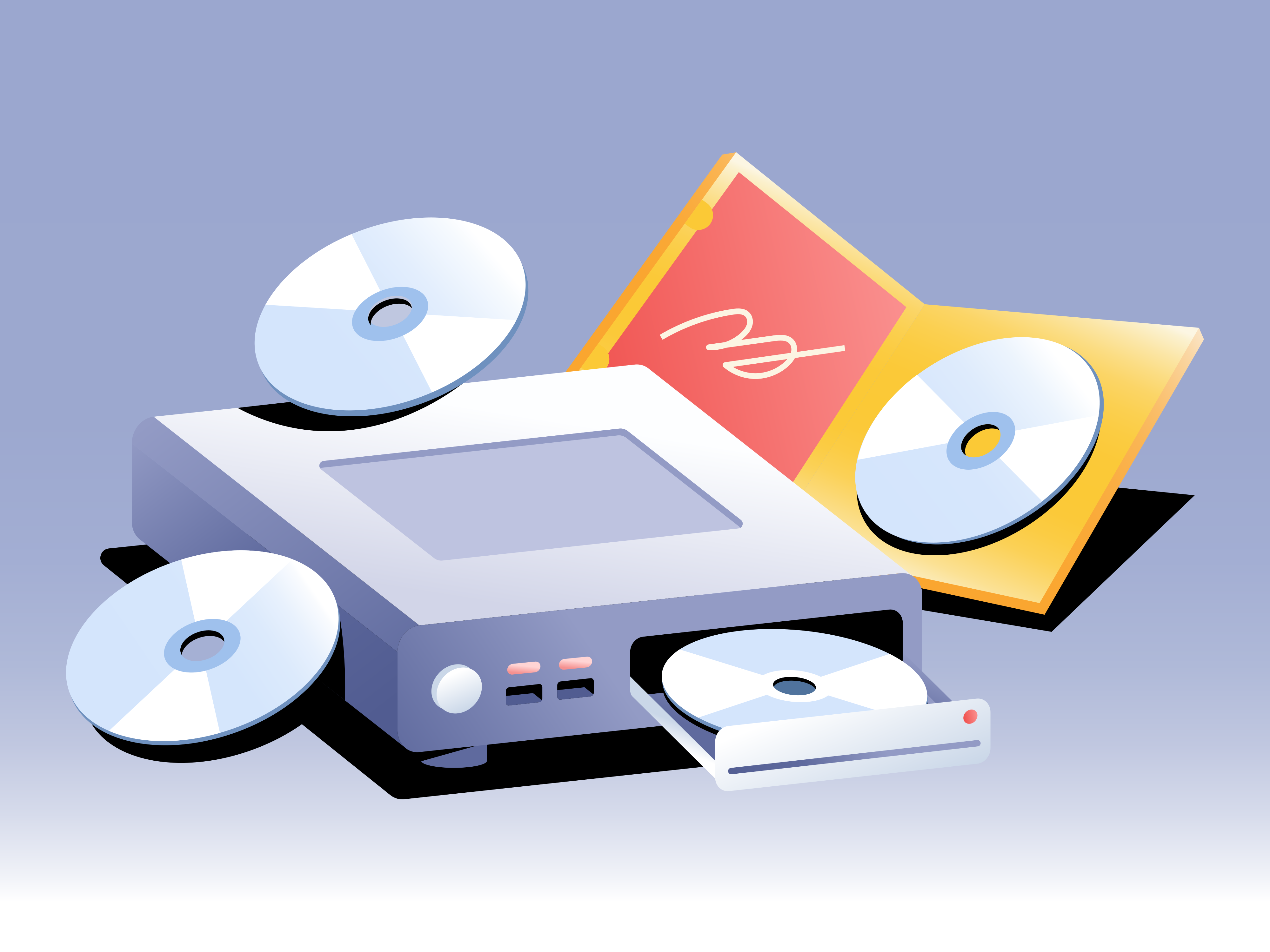 Illustration of a disc player with Blu-ray and DVD discs scattered around it