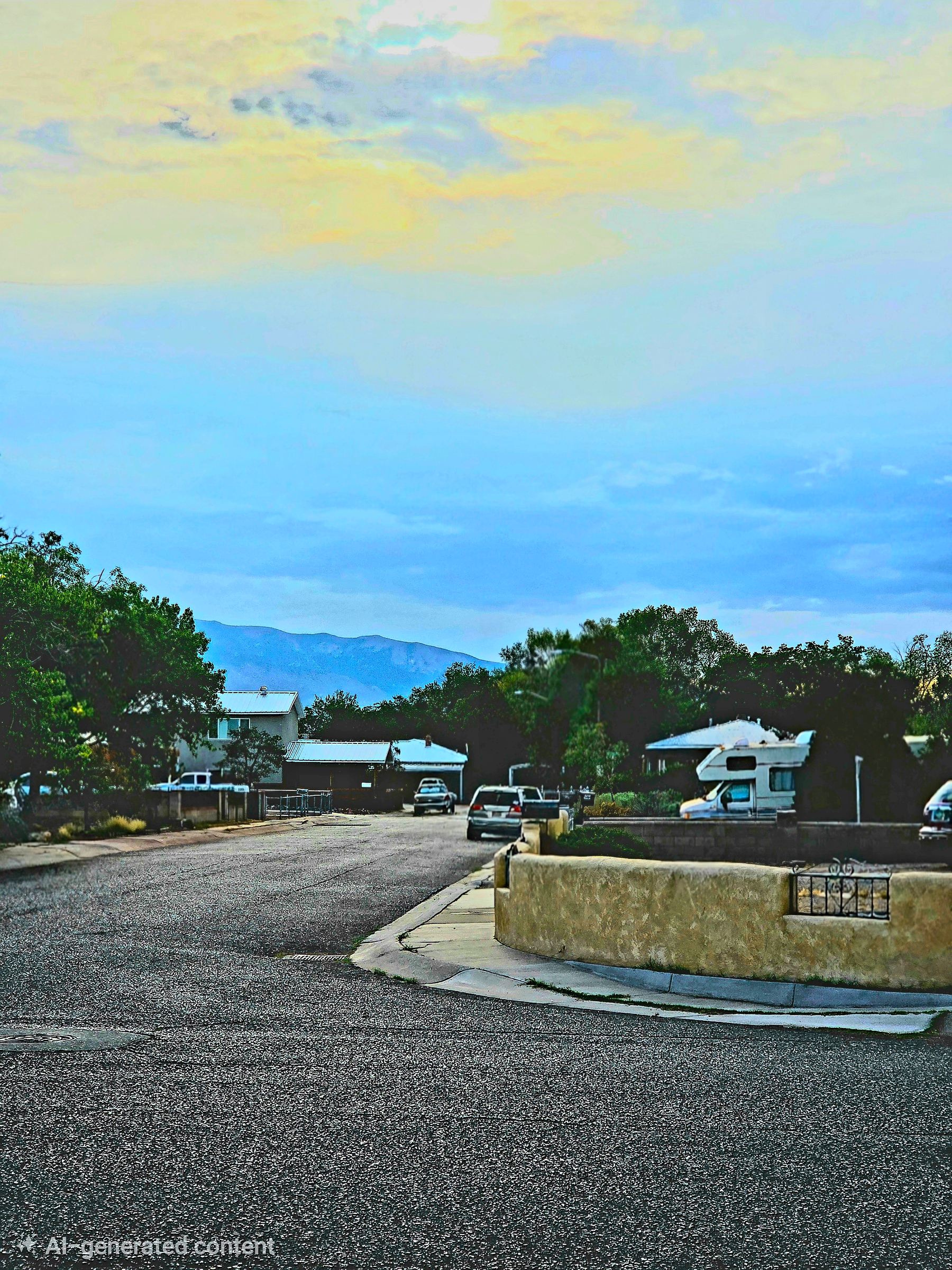 A quiet neighborhood street with mountains in the distance in the morning