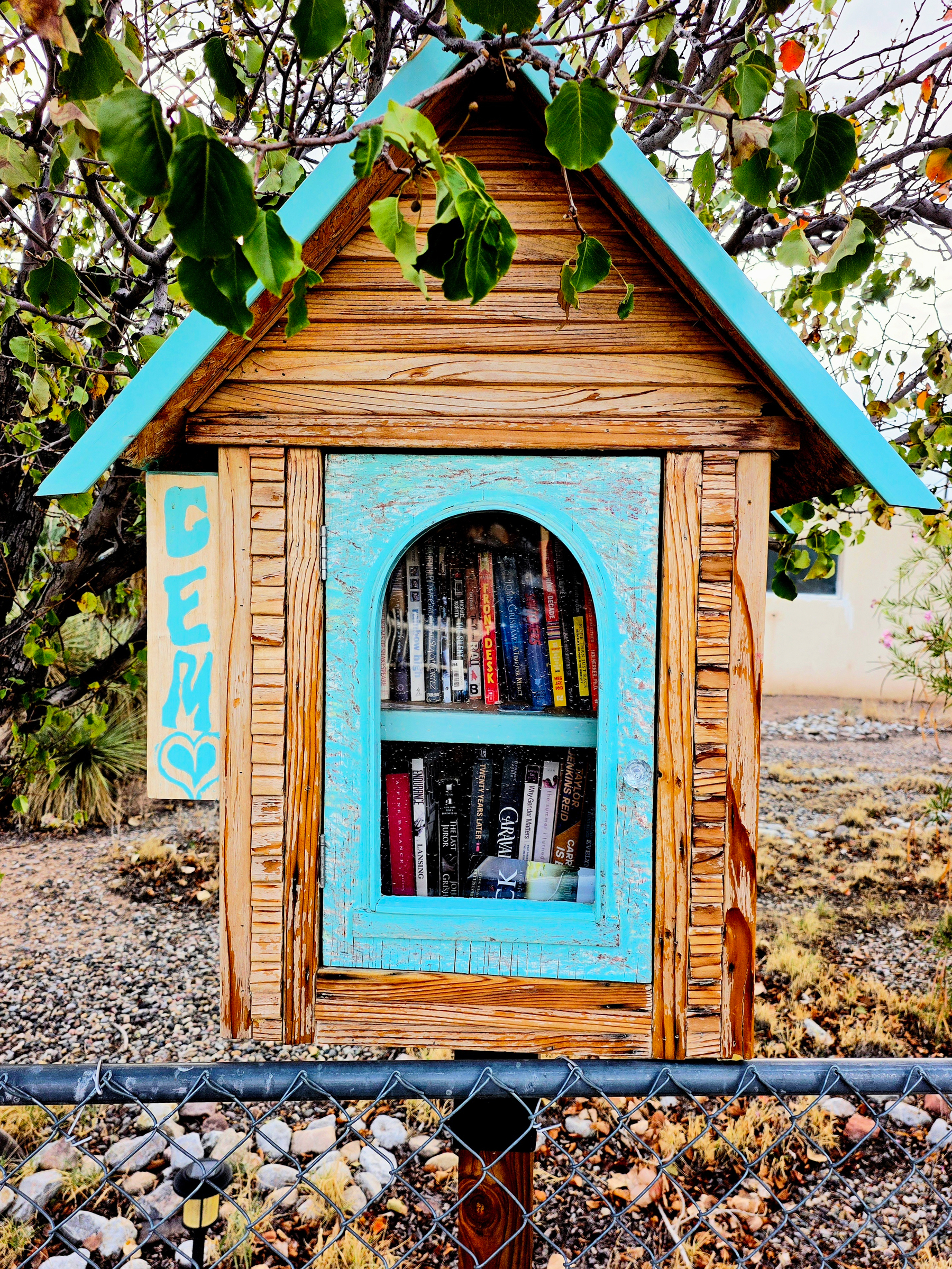 A little free library painted teal and tucked under a tree