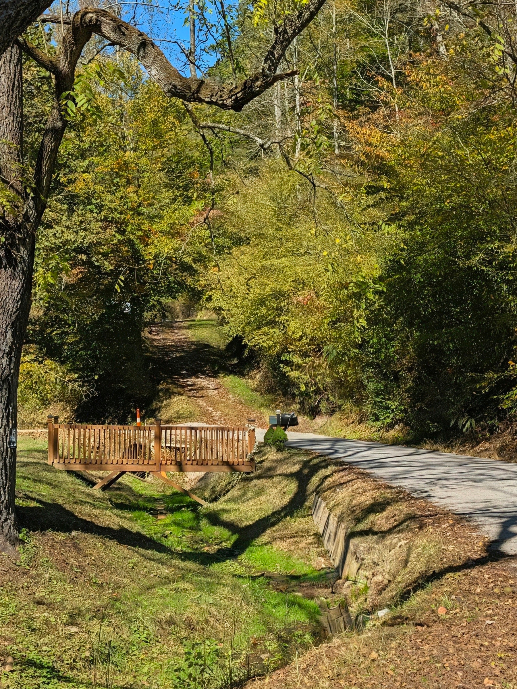 A small wooden footbridge over a grassy ditch, with a gravel path running up the hollow