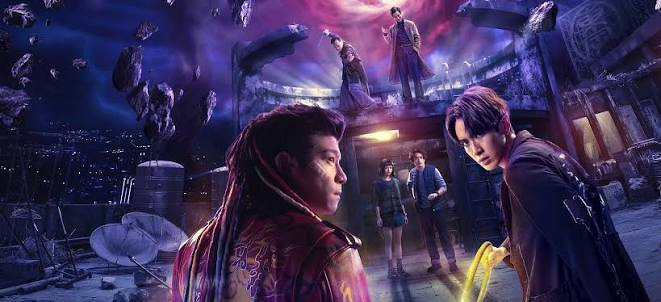 Auto-generated description: A group of individuals wearing futuristic attire stands in a vibrant, cosmic environment with swirling skies and floating debris.