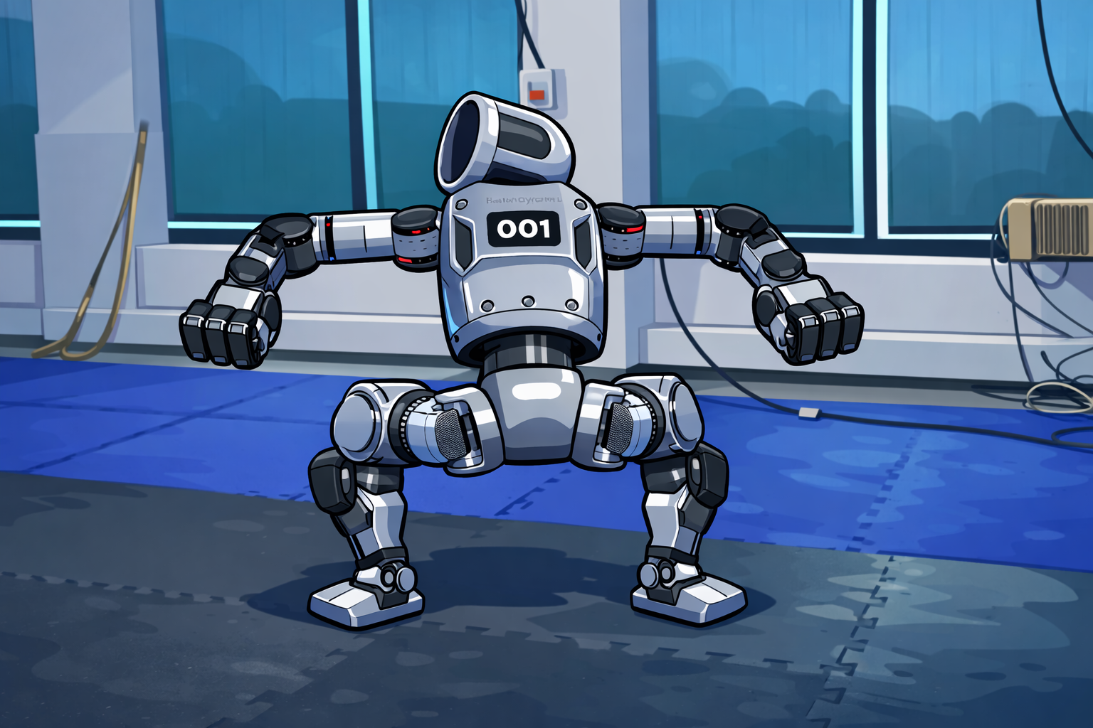 Auto-generated description: A robot with a numbered display is standing in a dynamic pose inside a room with large windows and exercise mats.