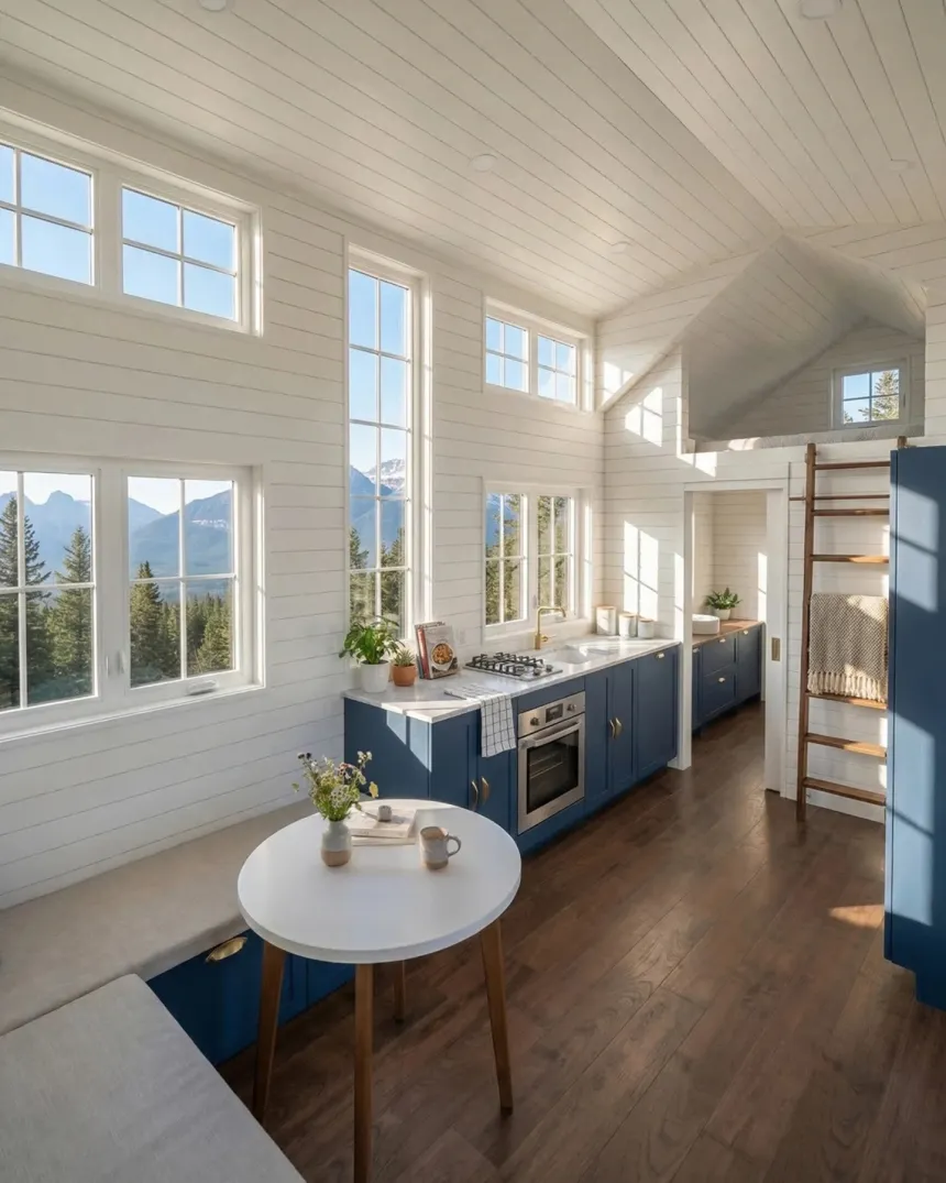 A bright and airy tiny home interior features a kitchenette with blue cabinets, a small dining area, and large windows offering scenic mountain views.