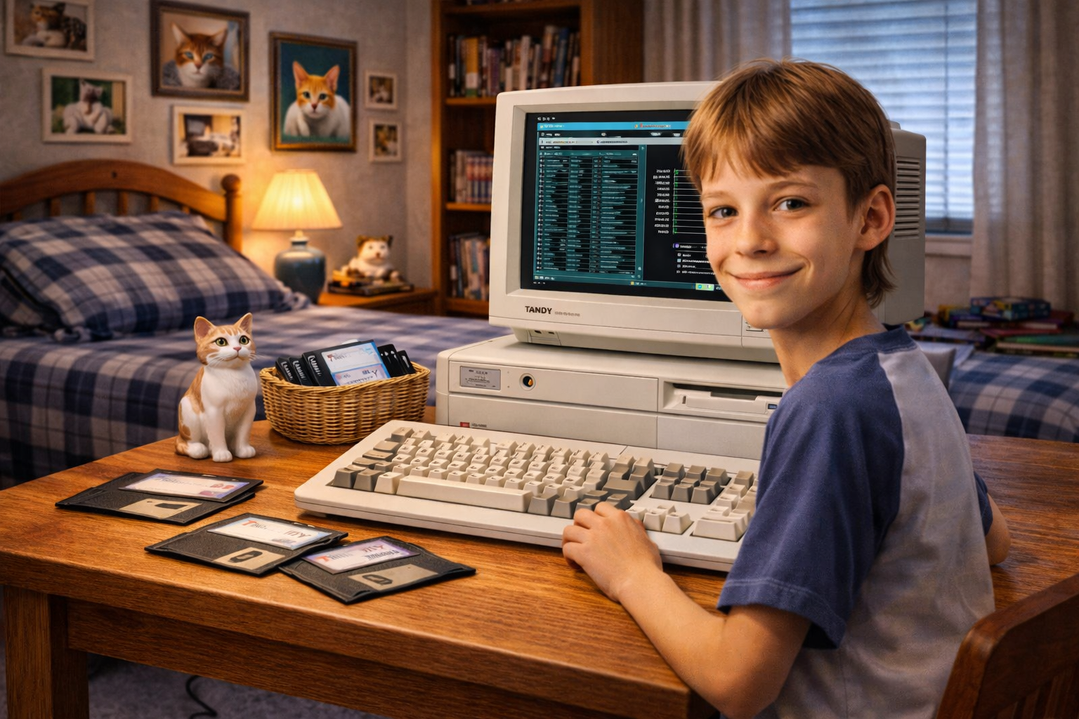 Auto-generated description: A young boy sits at a desk with a retro computer and floppy disks, surrounded by cat-themed decor.