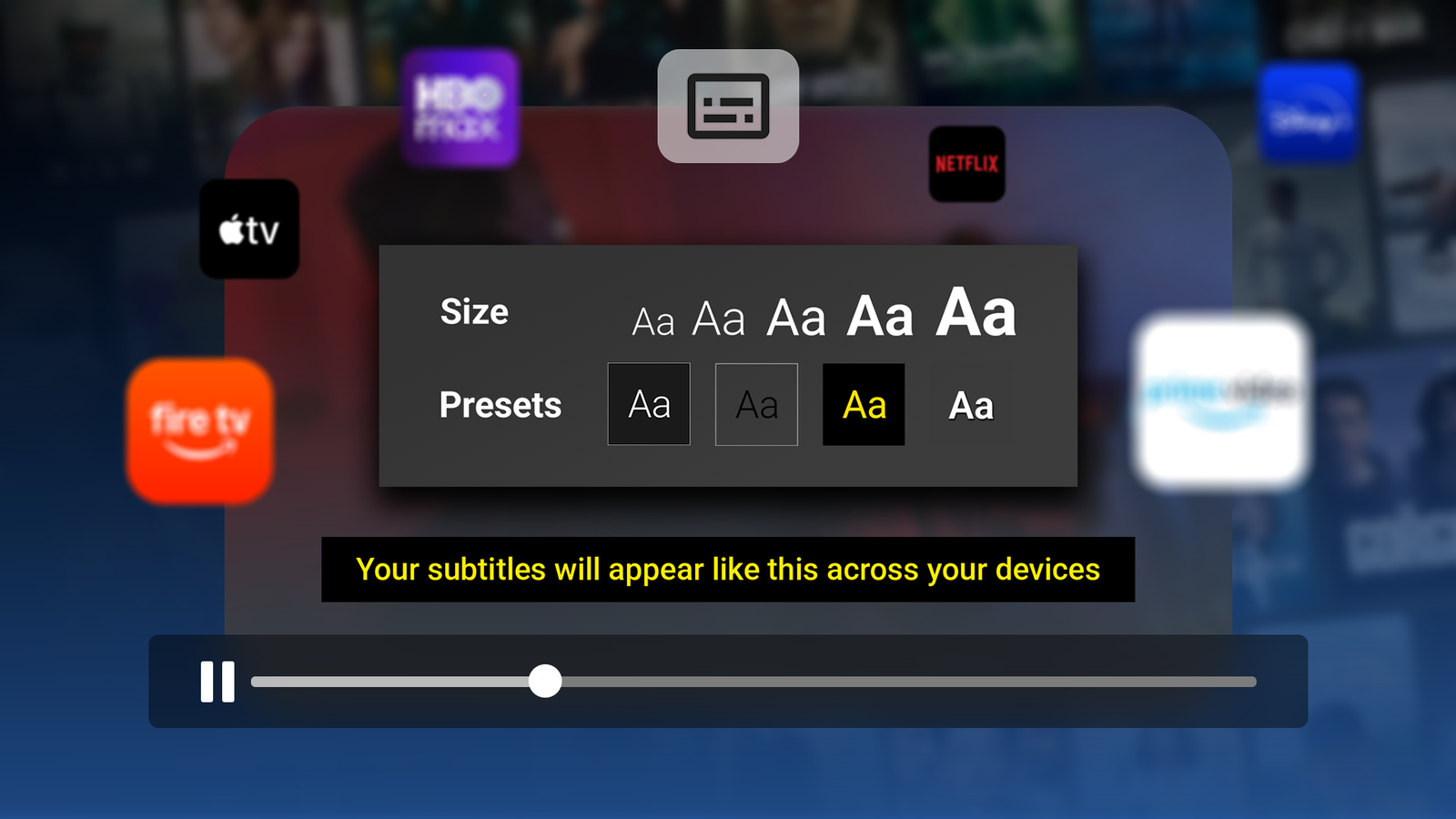 Illustration of a video player with a subtitle settings menu overlay
