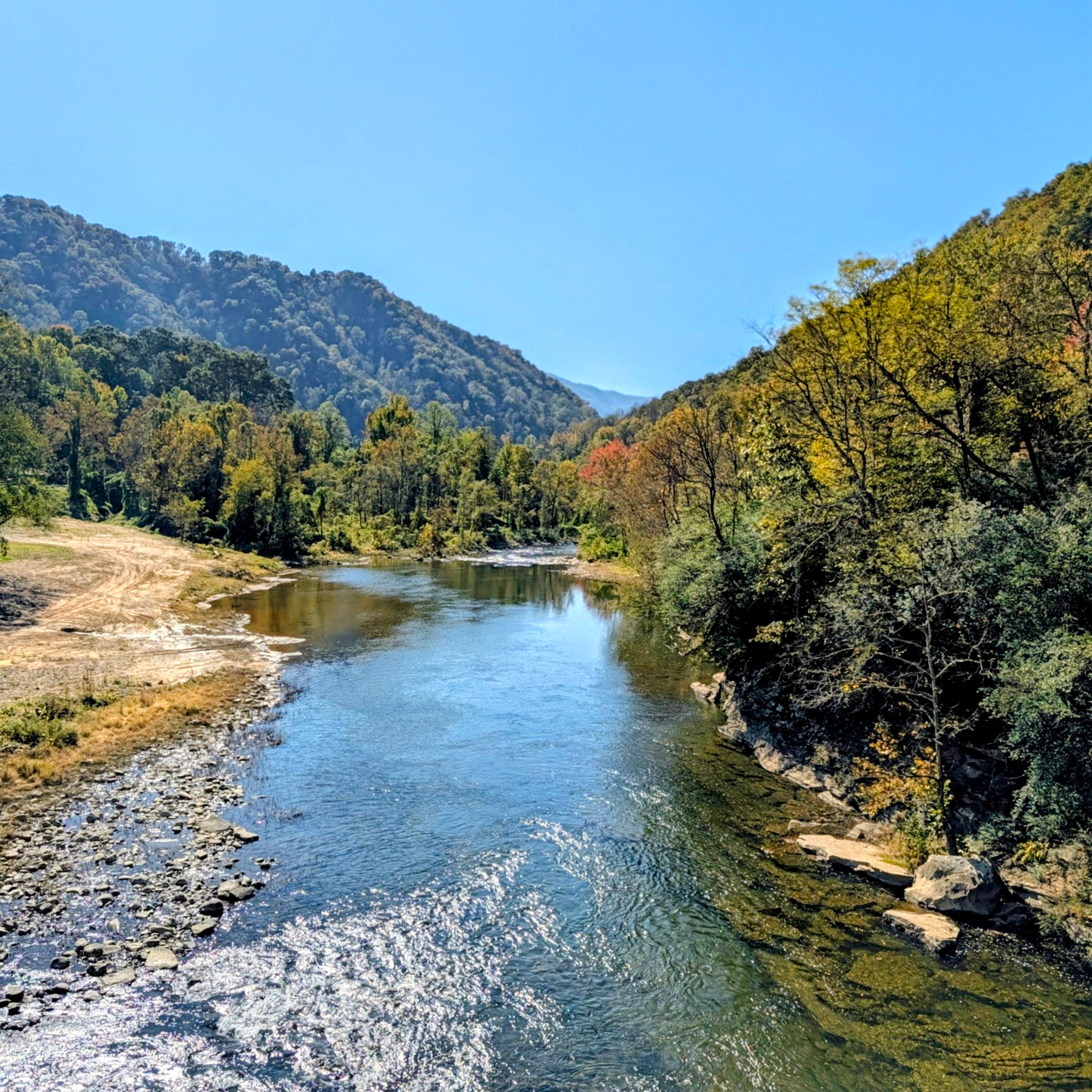 Auto-generated description: A clear river flows gently between a gravelly shore and a forested area with hills in the background under a bright blue sky.